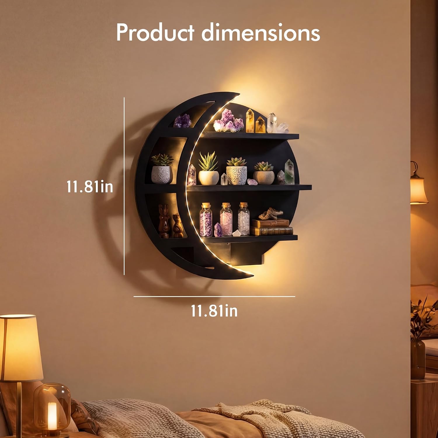 LED Wooden Moon Crystal Display Shelf Wall-Mounted Battery Operated | Lighted Crystal Shelf with Built-In Glow, Gothic Witchy Moon Wall Decor for Bedroom