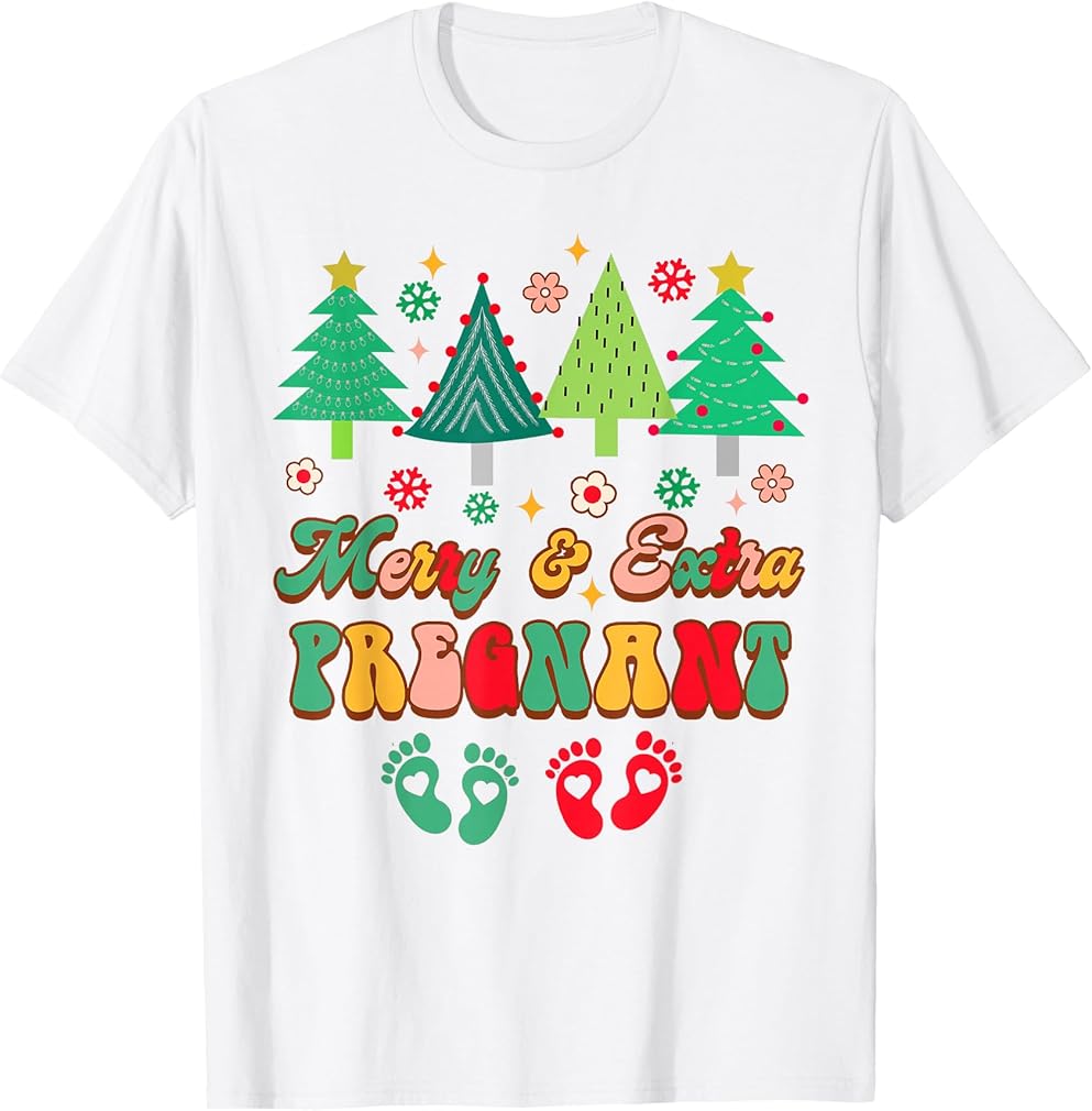 Christmas Twin Pregnancy Announcement Merry &amp; Extra Pregnant T-Shirt