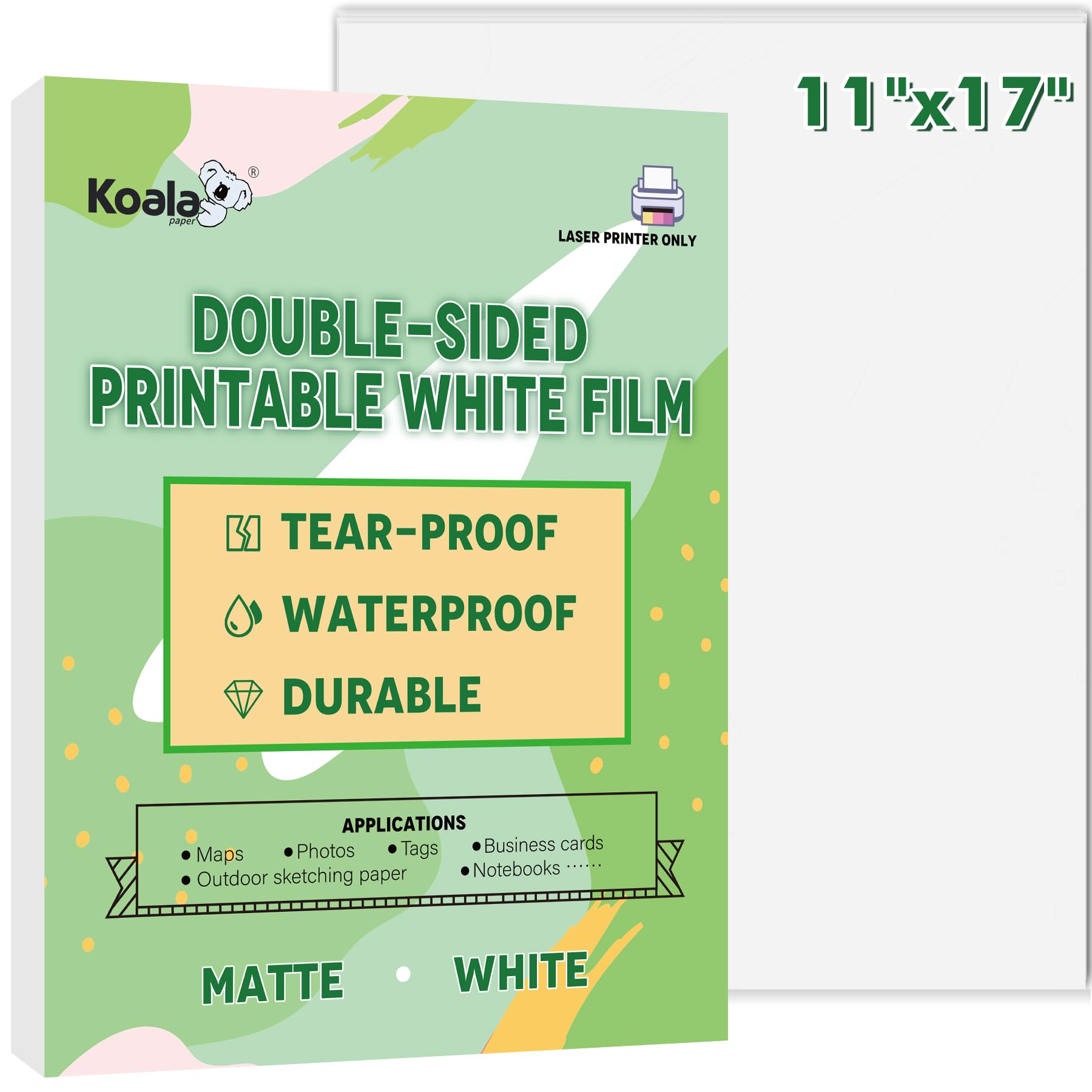 Koala Waterproof Paper for Laser Printer, 11x17 In Tearproof Printer Paper, Matte Double Sided Printable White Film 25 Sheets For Printing Backpacking Maps