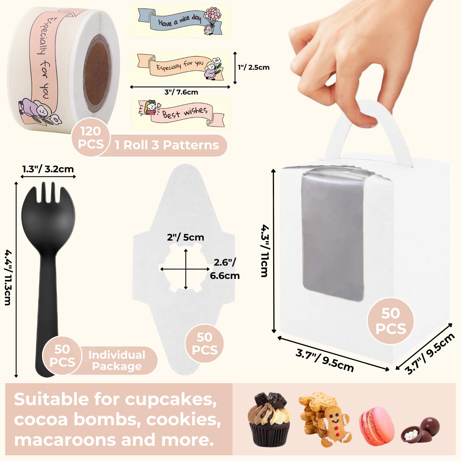 Atarvana Cupcake-Boxen aus Karton, einzeln mit Fenstereinsatz und Griff, einzelne Cupcake-Behälter mit 50 Löffeln und 120 Aufklebern für Bäckereien, Verpackungen, Partygeschenke, 50 Stück