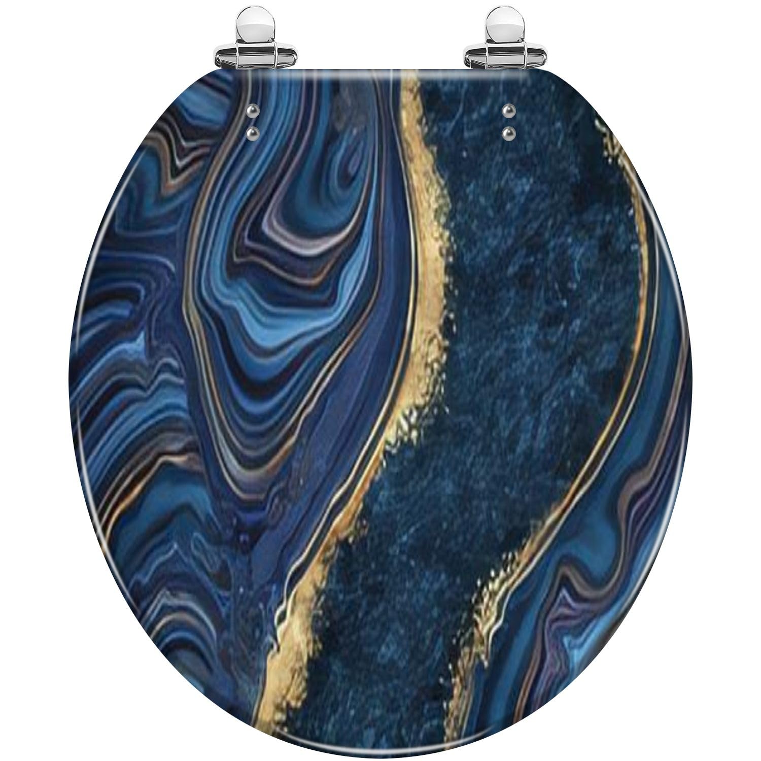 Round Toilet Seat abstract blue marble agate granite golden veins japanese technique Resin Toilet Seat Slow Quiet Close with Quick-Release Hinges Toilet Seat with Cover Easy to Clean Install