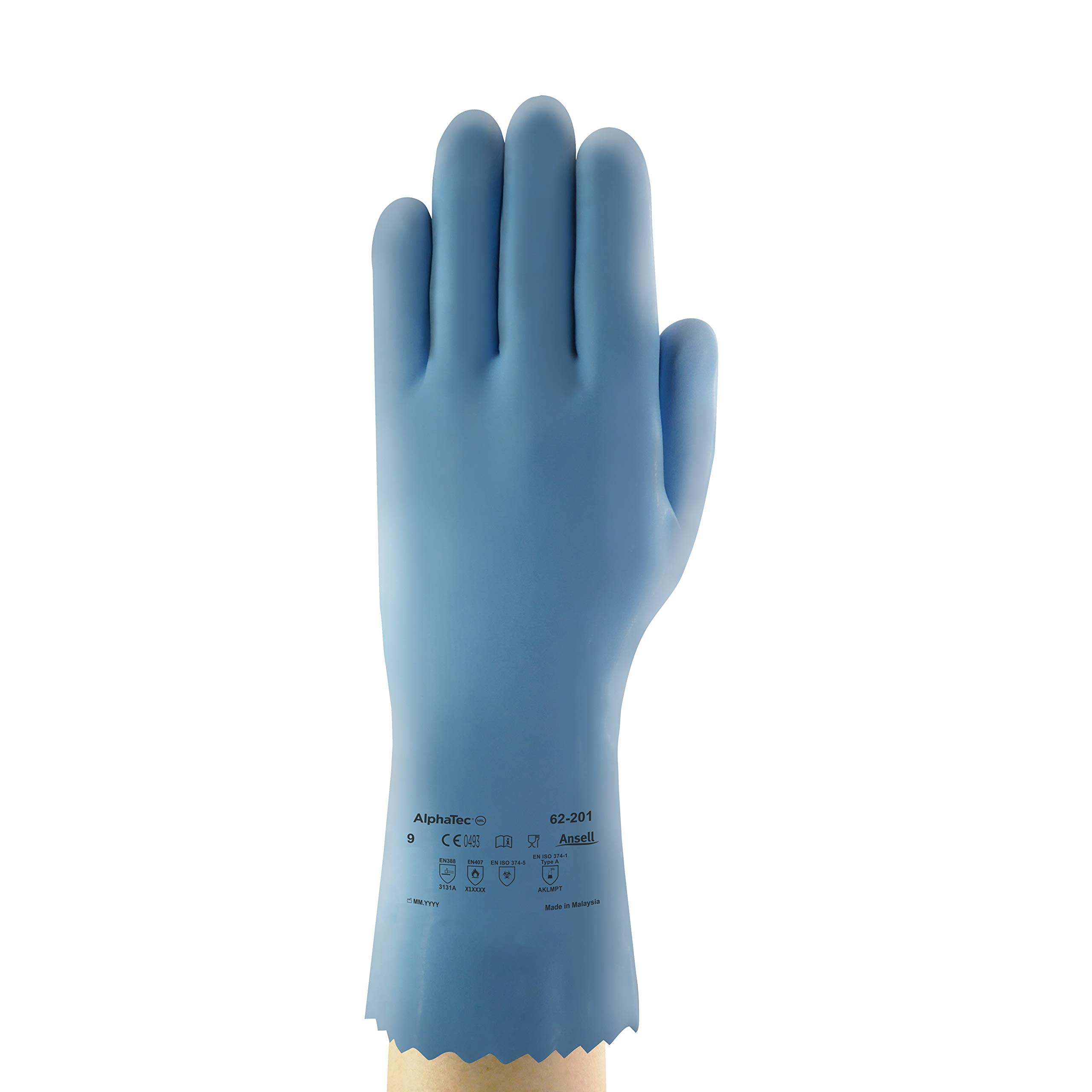 Ansell AlphaTec 62-201 Guante de Trabajo, Látex de Caucho Natural Protección, Protección Química y Resistencia a la Abrasión, Azul, Talla XL (12 Pares)