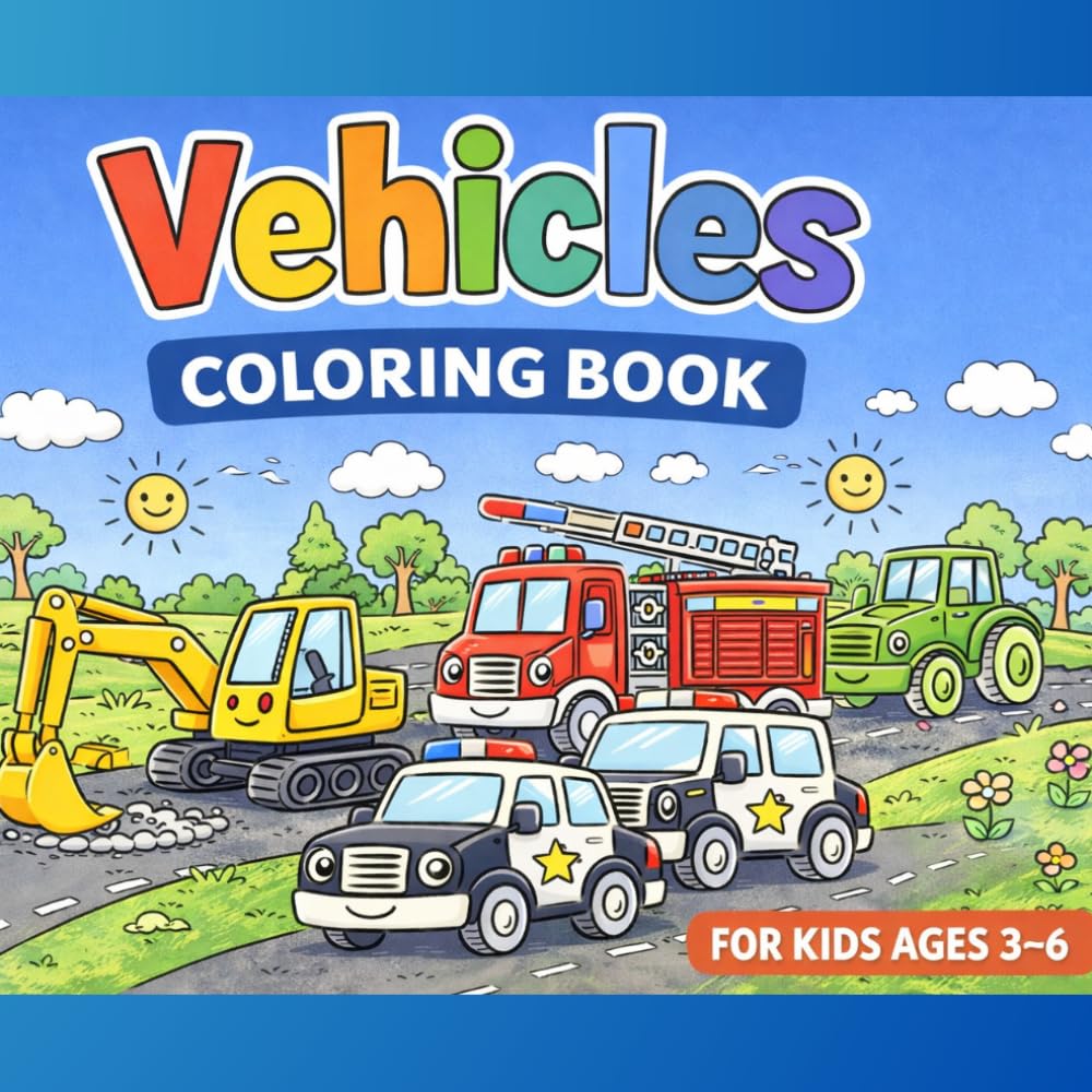 Cute Vehicles Coloring Book for Kids: Cars, Trucks, Construction Vehicles and More | 21 Easy and Fun Coloring Pages for Toddlers and Preschoolers
