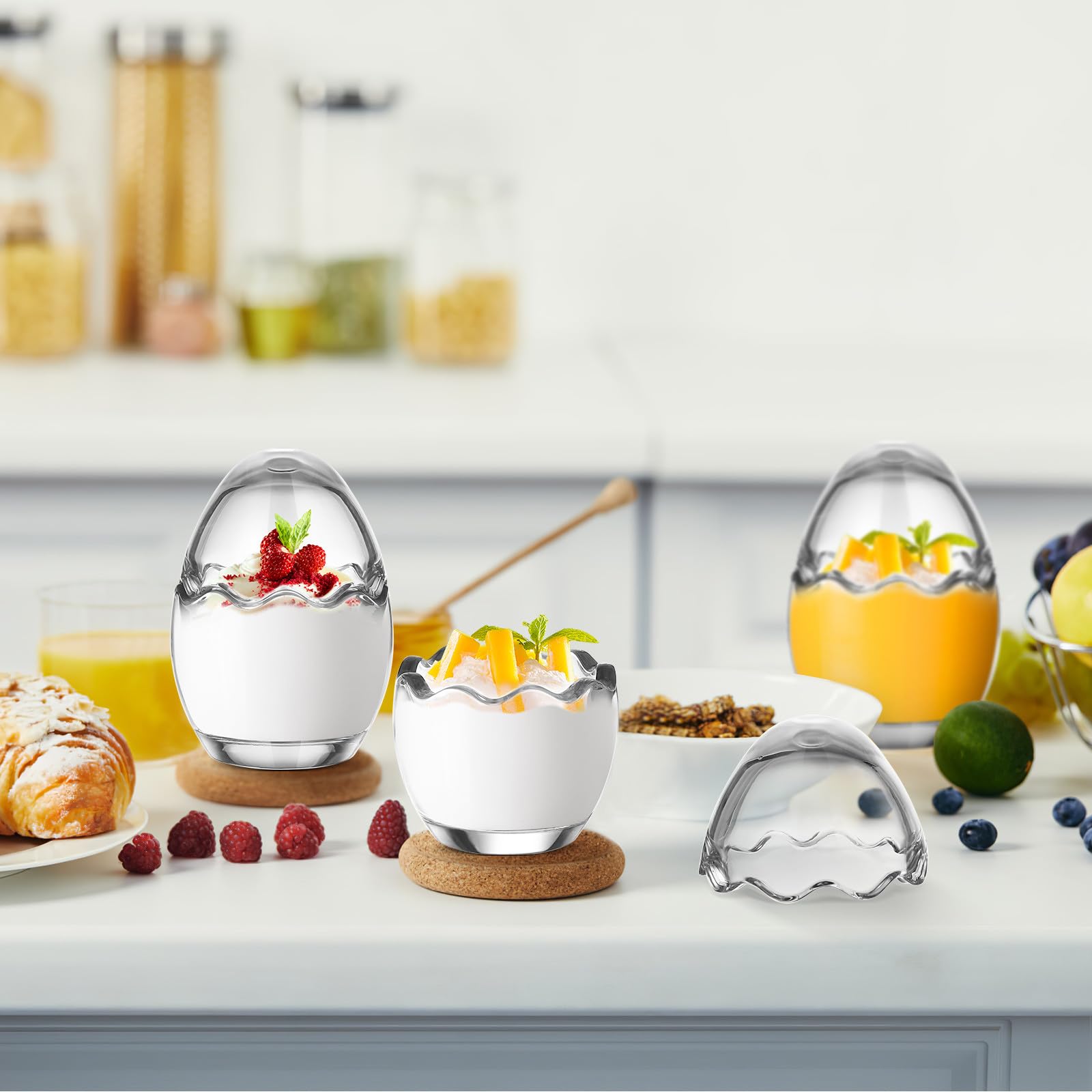 NUOBESTY Set 4 Pirottini di Vetro per Budino 100ml Coperchio, Bicchieri per Gelatina e Yogurt Resistenti a Alte Temperature, per Feste, Compleanni e Banchetti