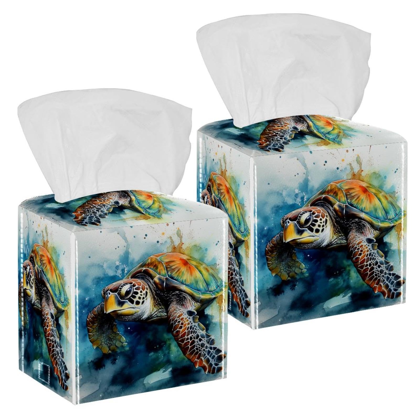 Sea Turtle Tissue Box Cover, 2 Pack PU Leather Square Facial Tissue Dispenser Box holder for Home Office Car