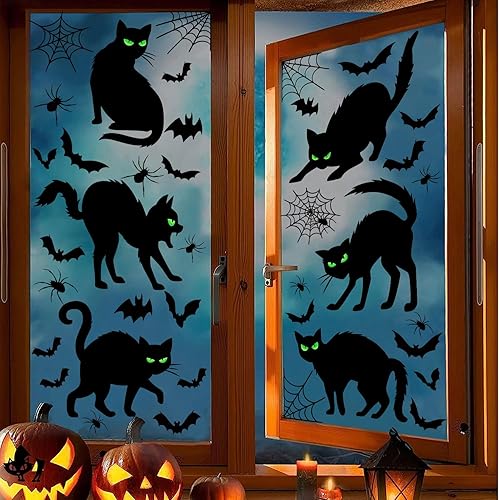 Miniatura 5 de Decoración de Halloween para ventana de gato negro, espeluznante casa embrujada, murciélagos, telaraña, calcomanías aterradoras, silueta extraíble