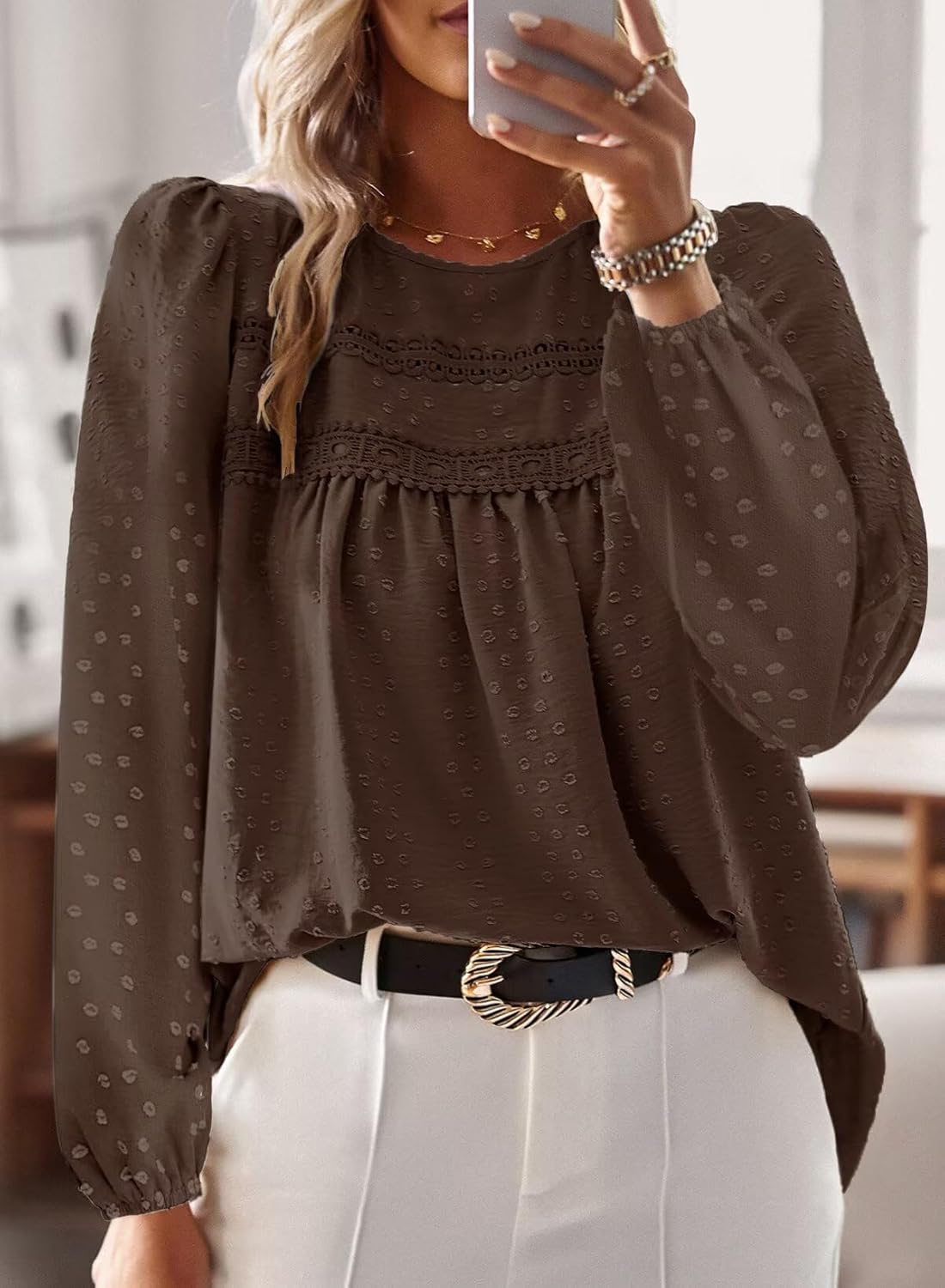 Boho Tops for Women Long Sleeve Shirts Crewneck Flowy Womens Blouses Dressy Casual Lace Hem Clothing Trendy 2026 - Image 4