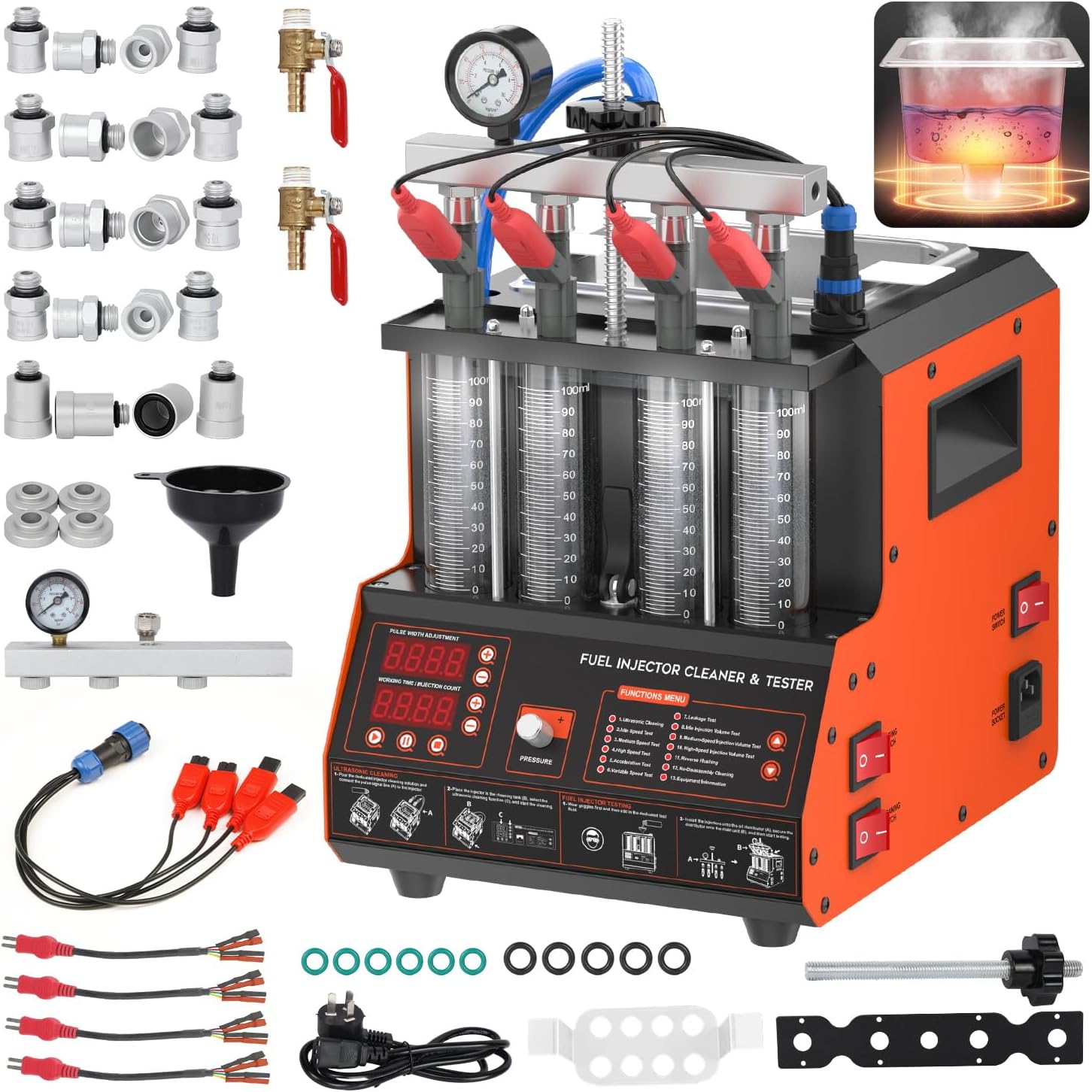 Fuel Injector Cleaner Machine Ultrasonic Heating Cleaning for 4 Cylinder Fuel Injector Cleaner Tester Kit with 4 Test Functions, 9 Test Modes, for 5V & 12V Car Motorcycle Injector Cleaner Machine