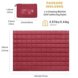 KingCamp Ultralight Camping Blanket, Packable Down Alternative Puffy Wearable Blankets Weatherproof Warm Package Quilt with Snap Buttons for Outdoor Hiking Travel Picnic Stadium (69L x 53W CRIMSON)