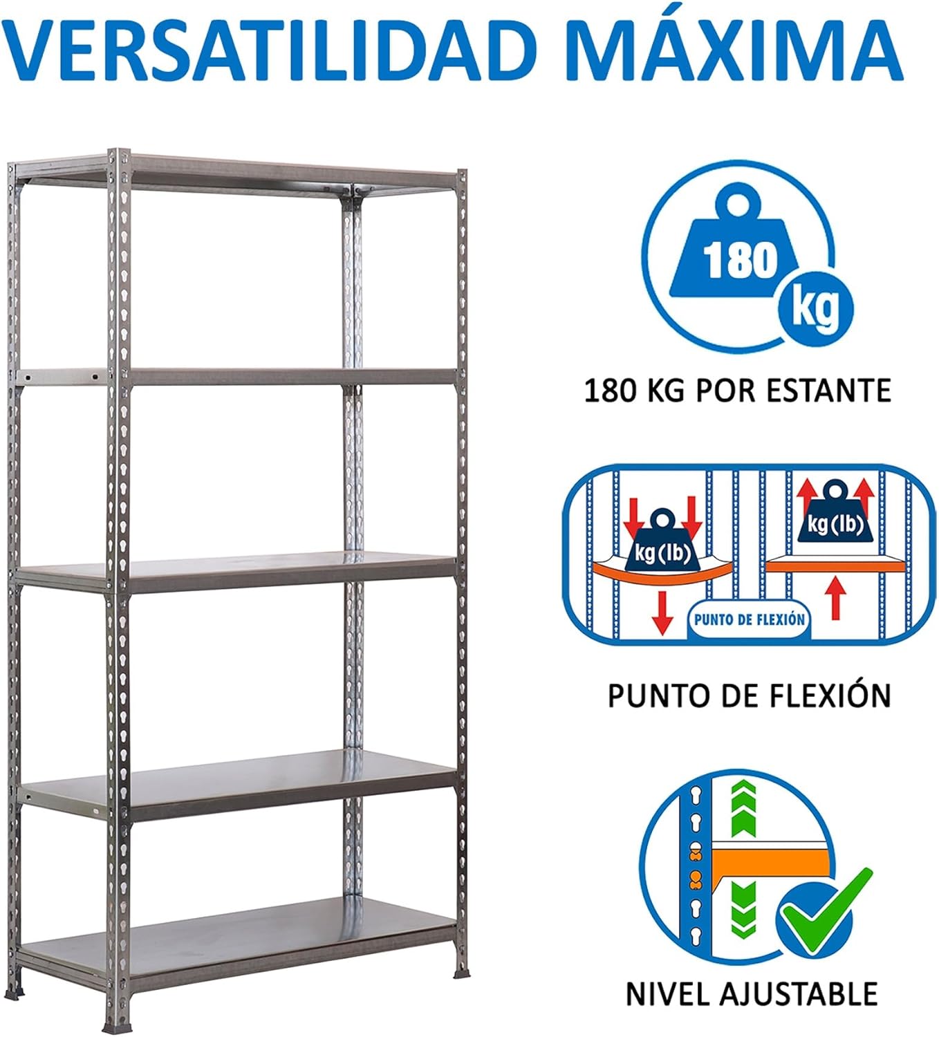 Simon Rack Metal Shelf, 2000x1000x300 mm, 5 Heights, Metal Tray, 180 kg Flex Point, Storage Shelf, Grey - Simonclick