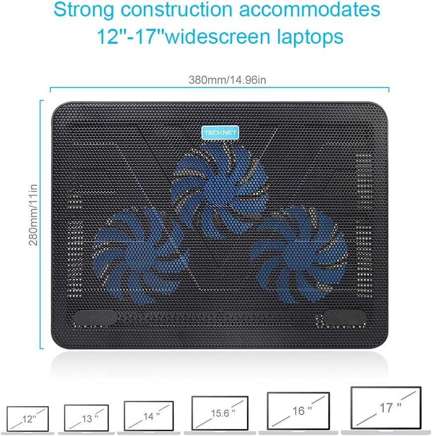 TECKNET Laptop Cooling Pad, Portable Slim Quiet USB Powered Laptop Notebook Cooler Cooling Pad Stand Chill Mat with 3 Blue LED Fans, Fits 12-17 Inches (Black) : Electronics
