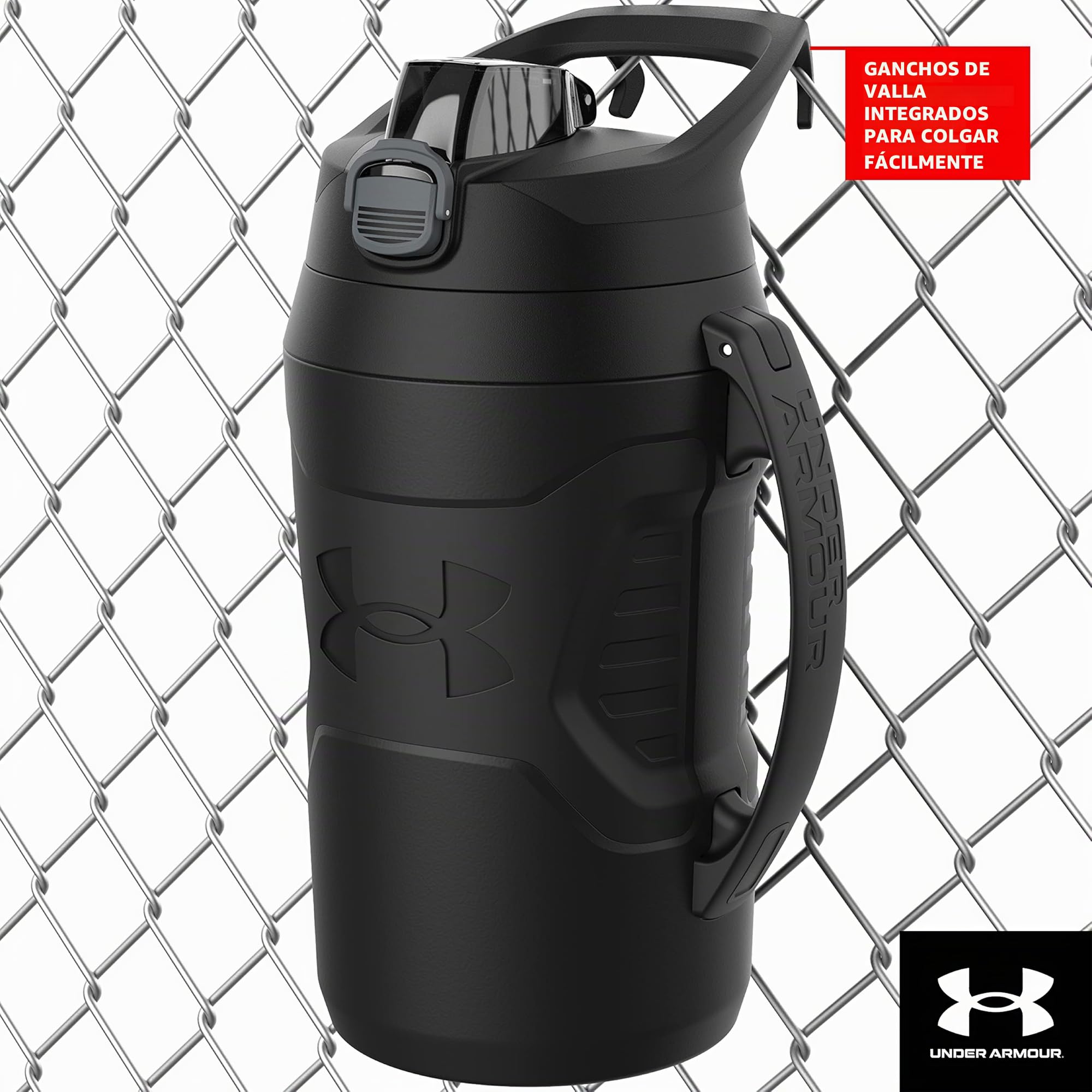 Under Armour Playmaker - Botella de Agua de 64 onzas, Mango de Gancho de Valla, Tapa Protectora con botón de Bloqueo, Agarre Exterior del Cuerpo, para niños y Adultos, Todos los Deportes, béisbol,