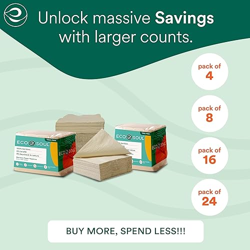 Miniatura 6 de ECO SOUL Servilletas de papel 100% bambú de 3 capas de alta calidad, 2000 unidades, 8 paquetes de 250, servilletas de papel desechables ecológicas,