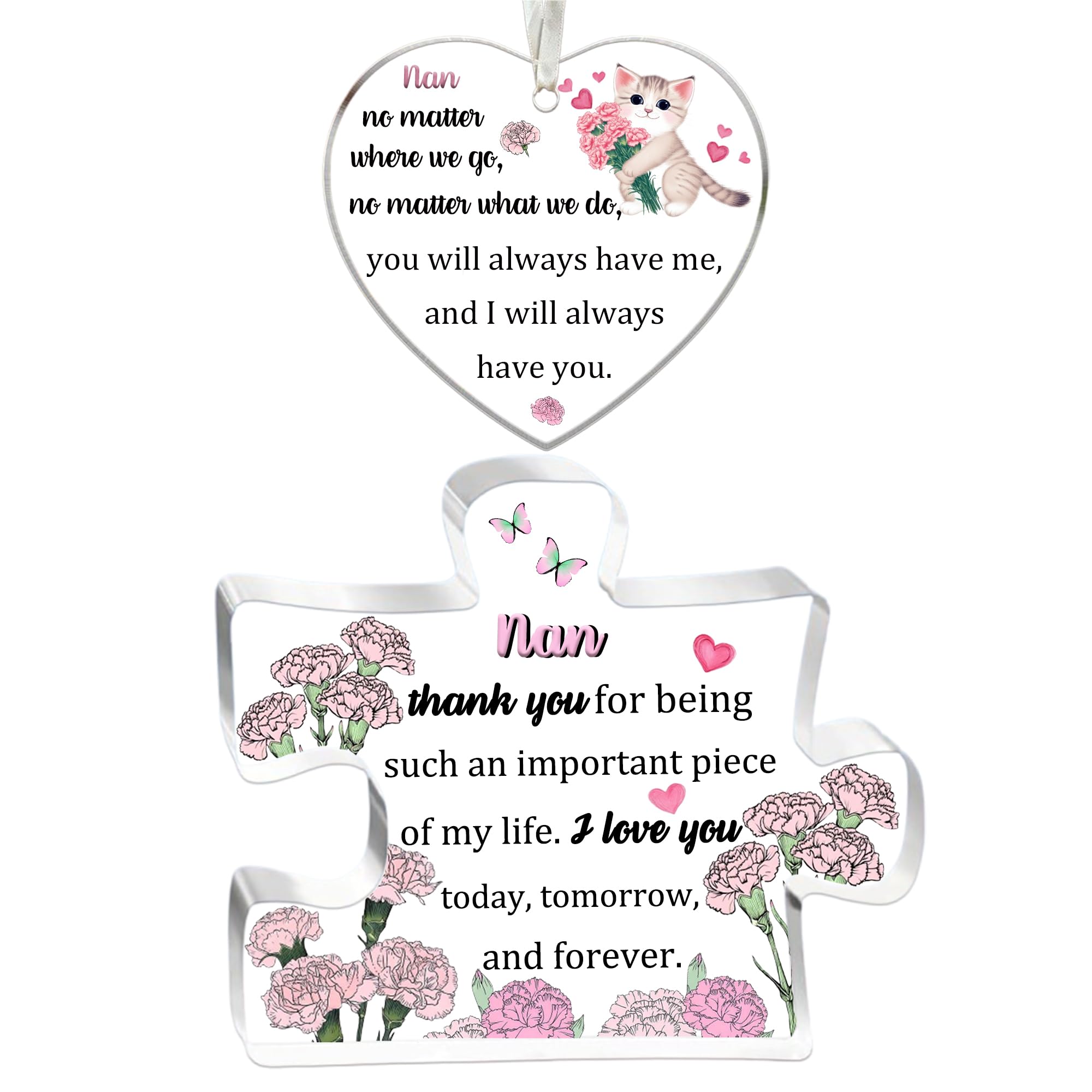Nan Gifts Women 2PC Set Acrylic Puzzle Plaque Heart Hanging Ornament Mothers Day Birthday Grandma Appreciate Thanksgiving Nan Thank You Keepsake Retired from Grandson Granddaughter — image 1