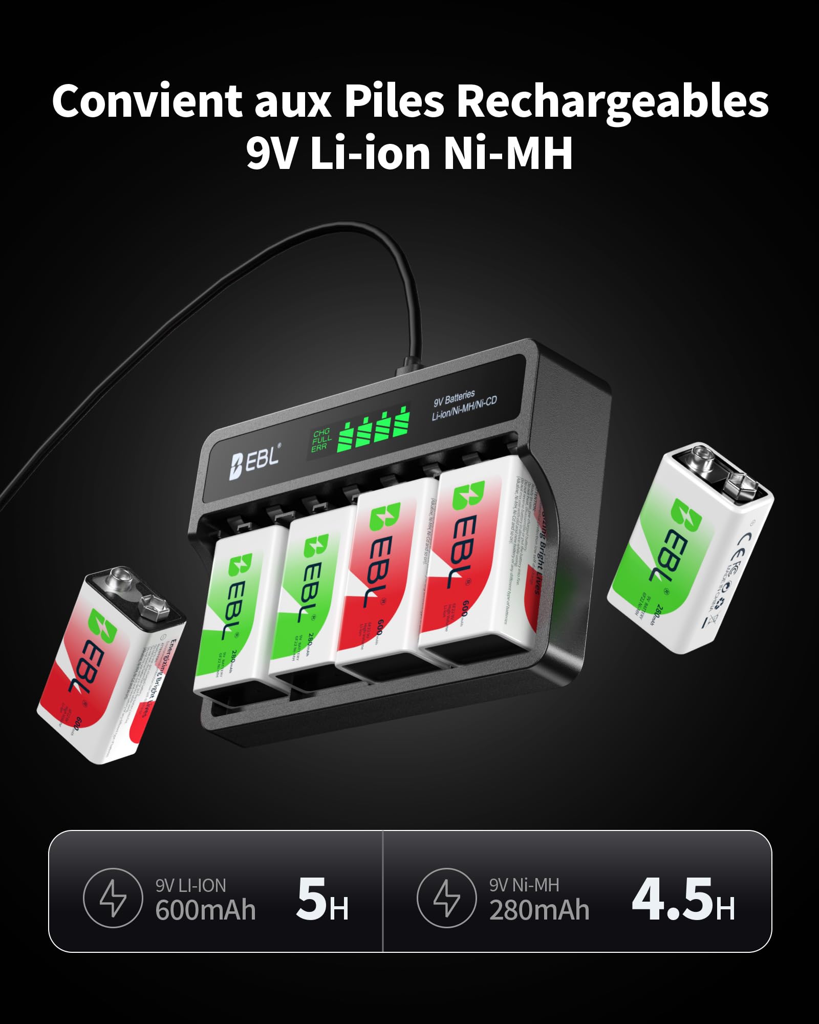 EBL Chargeur de Piles 9V Rechargeables (LCD Chargeur + 4 x 9V Piles)