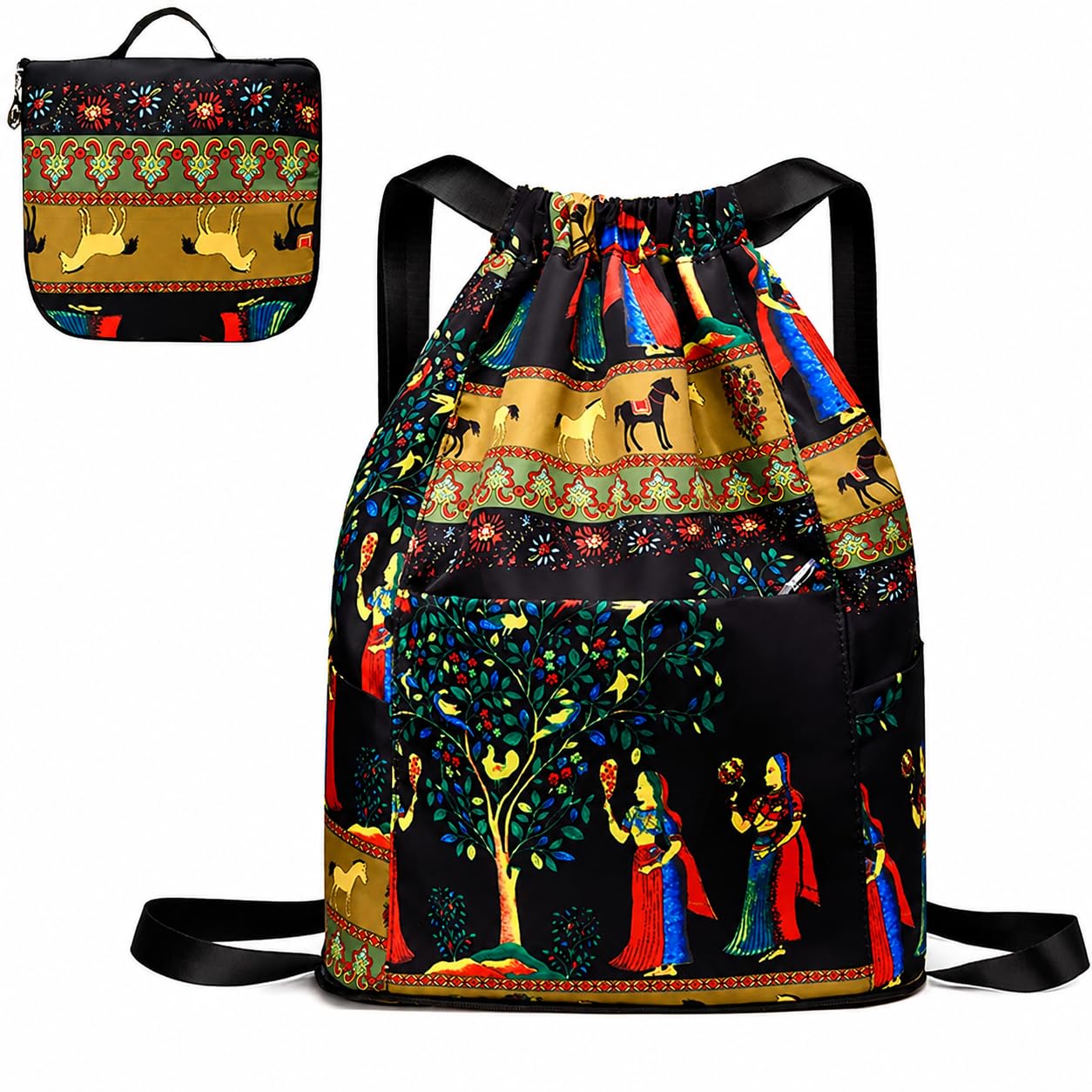 vivue Drawstring Backpack for Women & Girls, Traditional Rajasthani Print | Sling Bag with Adjustable Shoulder Strap, Foldable Multipurpose Travel Bag, Printed Pocket Bag-picture-16