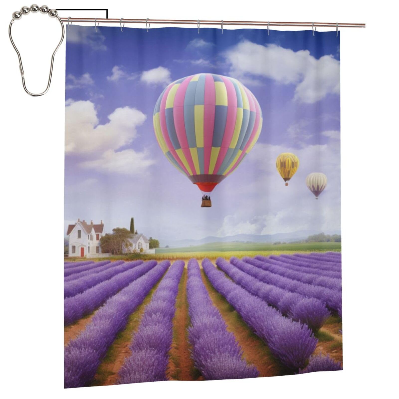 BWWHCCTI Lavender Hot Air Balloon Printed Shower Curtain With 12 Iron Hooks Opaque Quick Drying Waterproof Shower Curtains Sets For Bathroom 152x183 Cm