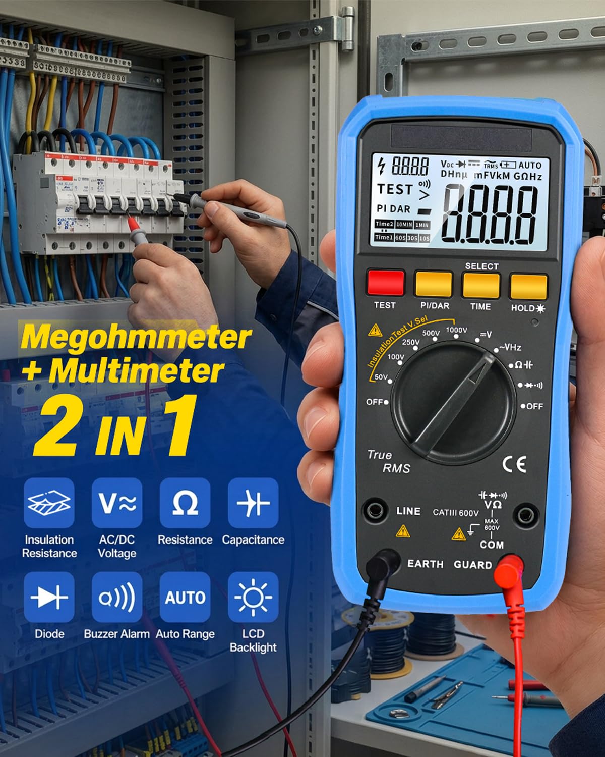 Megohmmetro Multimetro, Tester di Resistenza Isolamento 0,05 MΩ–20 GΩ, Tensione Nominale 50 V–1000 V, Test PI/DAR, CA/CC, Resistenza Capacità per Apparecchiature Elettriche, Trasformatori, Motori