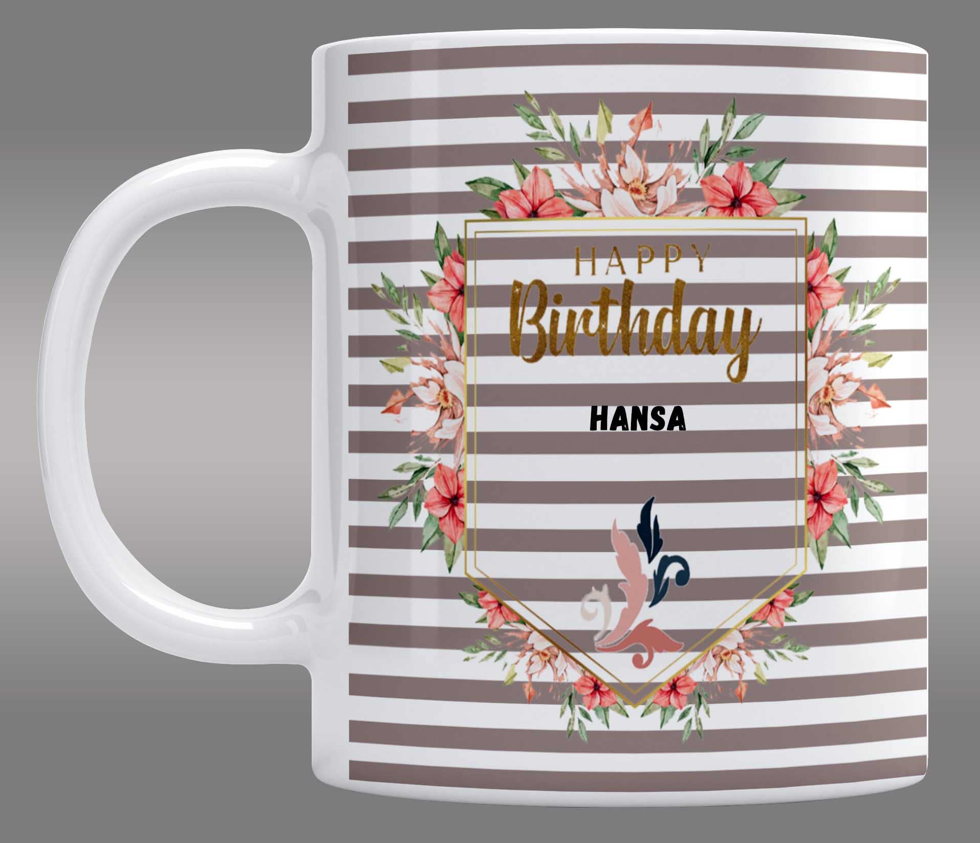 LOROFY Happy Birthday Hansa Printed Stripes Design White Ceramic Coffee Mug (350ML)