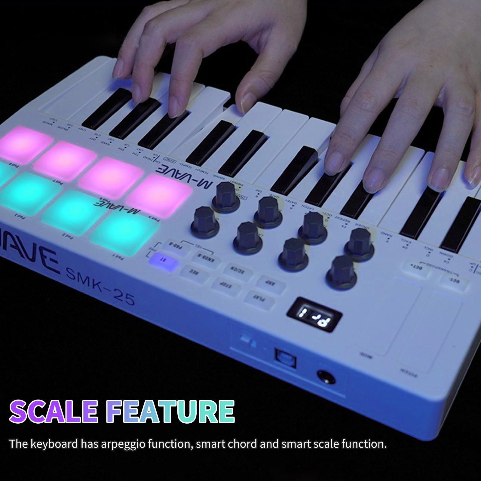 Nikou Keyboard Controller, USB Mini 25 Keys, Professional Dynamic Keybed, Electric Music Arranger Keyboard with RGB Drum Pads, White - Image 3