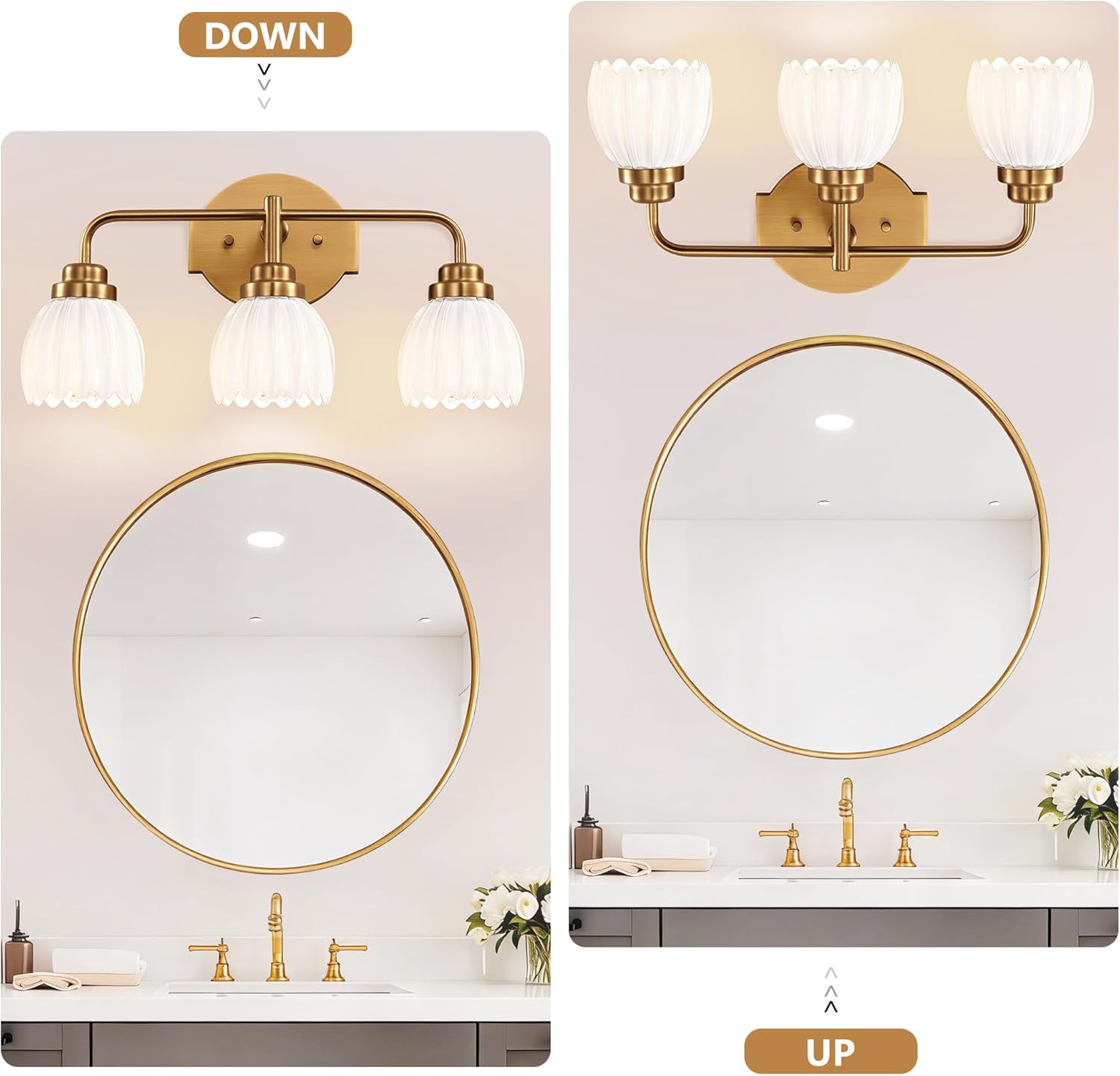 maesta Gold Bathroom Light Fixtures, 3-Light Brushed Gold Vanity Lights with Milk White Tulip Glass Shades, Vintage Bathroom Lights Over Mirror for Bedroom Living Room Hallway