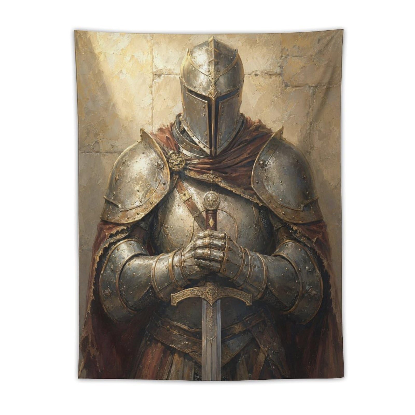 W7C8U2X3 Medieval Knight Prayer Wall Tapestry, Medieval Illustration Style