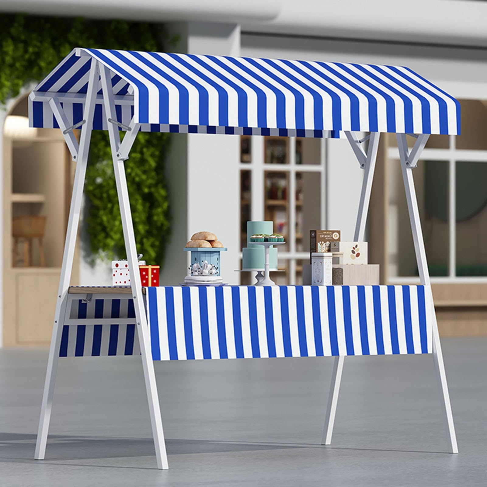 Espositore da Mercato Pieghevole con Ruote | Carretto Mobile per venditori ambulanti e mercati notturni | Carretto Promozionale per Alimenti con tettoia | Blu 150x60x200