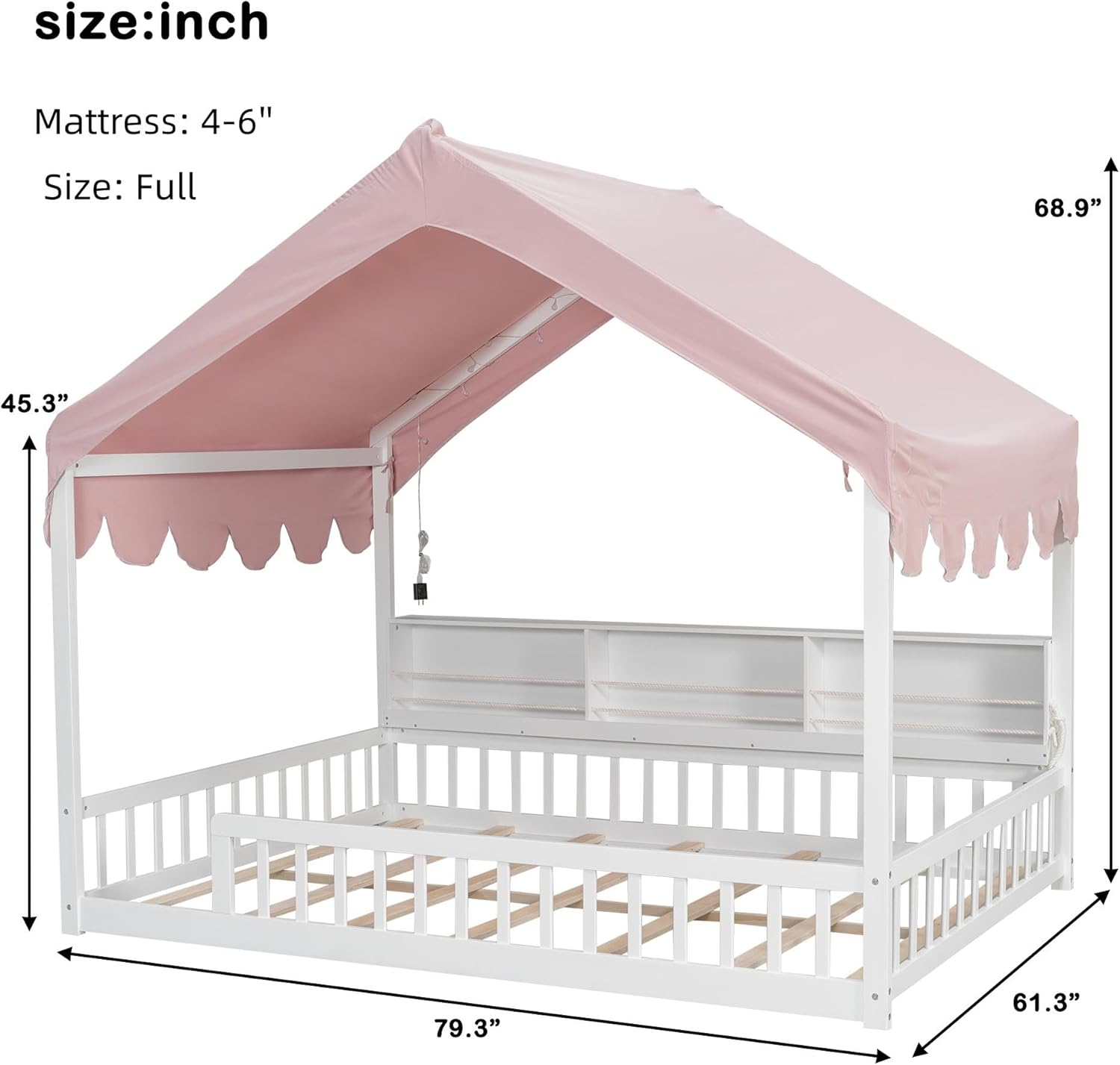 Merax Full Size Montessori Floor Bed for Kids Toddler, House Shaped Kids Full Bed Frame with Safety Guardrail, Curtain & Lights, Side Storage Bookshelves, Pink