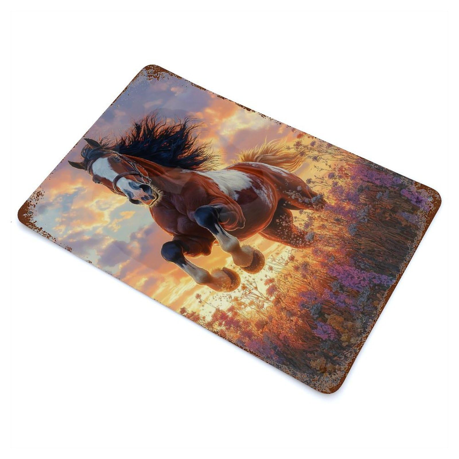 Distressed Metal Wall Sign with Horse Leaping at Sunset in Field of Flowers Design 11.8"x7.9", for Living Room, Hallway And Home Decor, Vintage Wall Decor