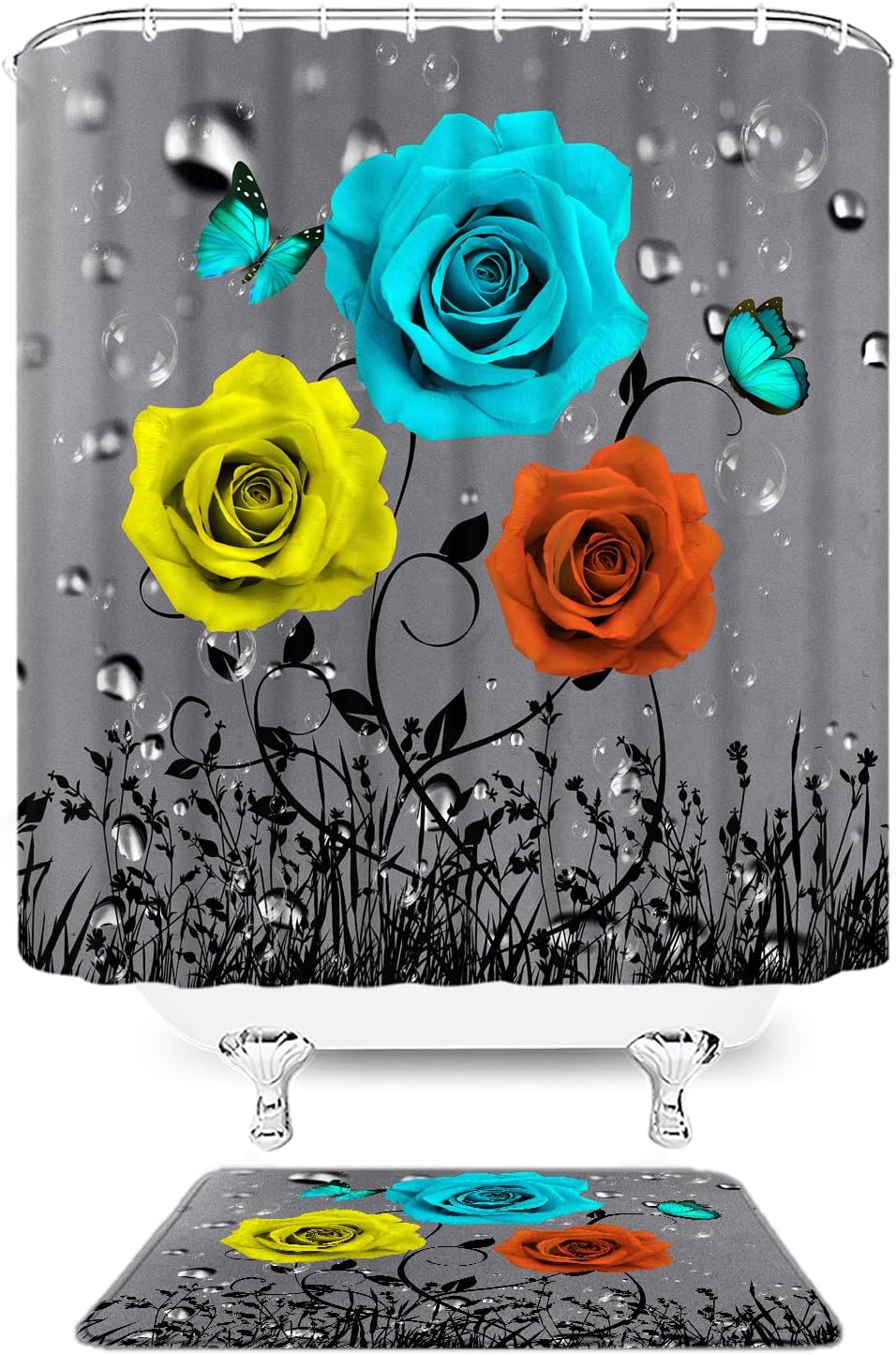 2 Pcs Shower Curtain Set Colorful Floral Bath Mat Teal Orange Yellow Rose Flower Butterfly Rustic Bathroom Bedroom Kitchen Rug Soft Memory Foam Backing Bath Mat 16x24 and Shower Curtain 70X70 Inch
