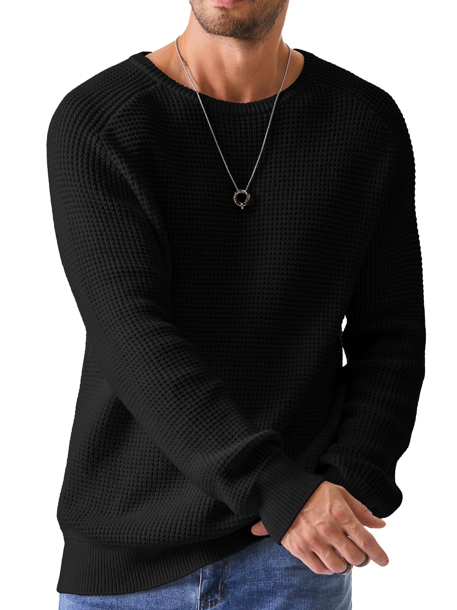 Elegancity Herren Rundrals Pullover Schwarz Einfarbig Strickpullover Loose Fit Grobstrick Pulli Warm Sweater Langarmshirt S