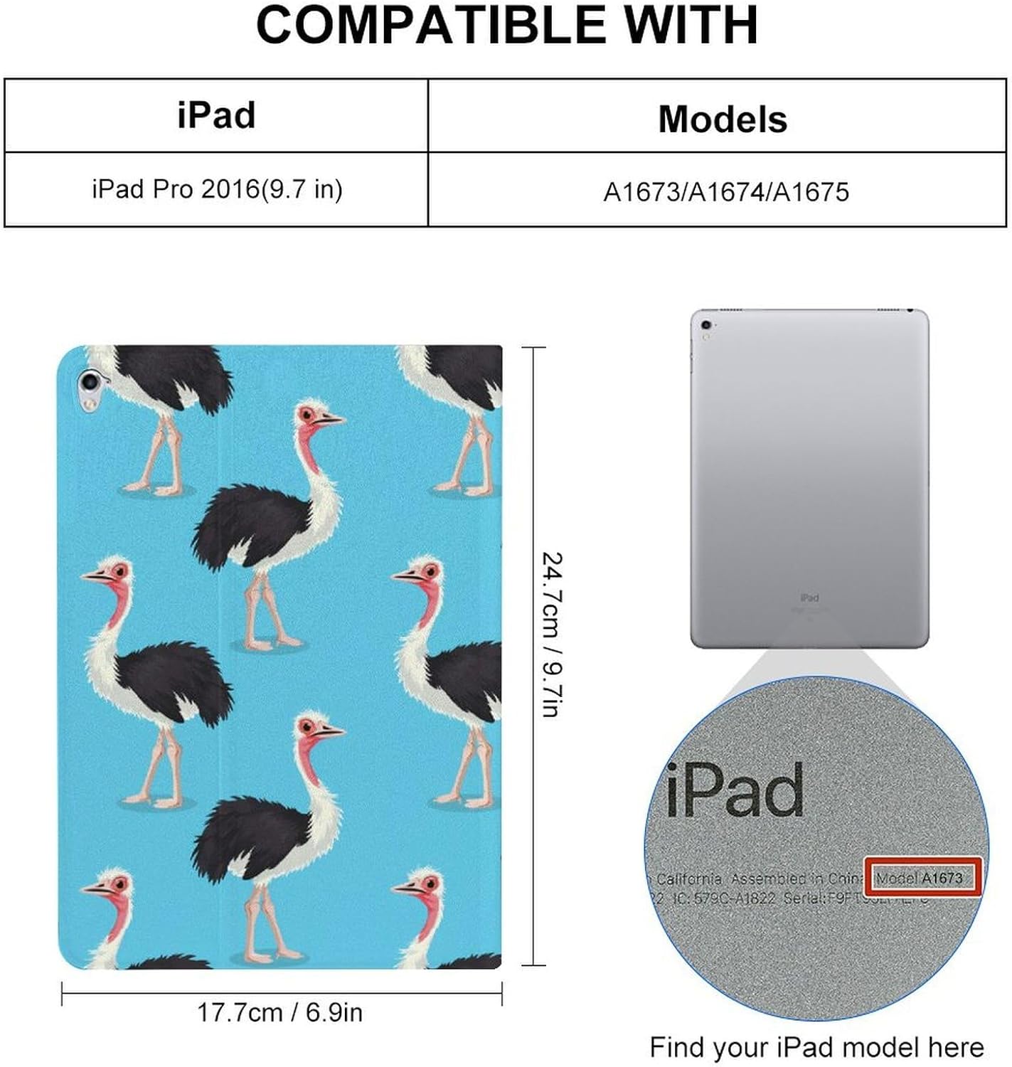 Ostrich Bird Print Printed Case Trifold Stand Protective Cover Compatible with ipad Pro/2016 ipad Pro (9.7in)