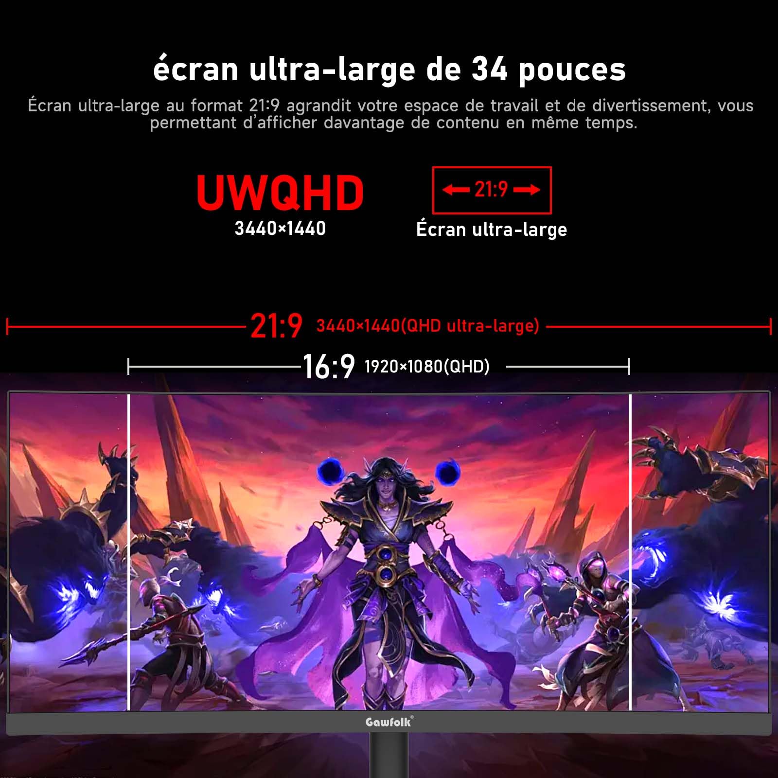 Gawfolk Écran PC Gaming Incurvé Ultrawide 34 Pouces 165 Hz, Moniteur 3800R 21:9 UWQHD (3440x1440), 120% sRGB, 1 ms, Adaptive Sync, Display Port, HDMI, Réglable en Hauteur, Haut-parleurs Intégrés-Noir