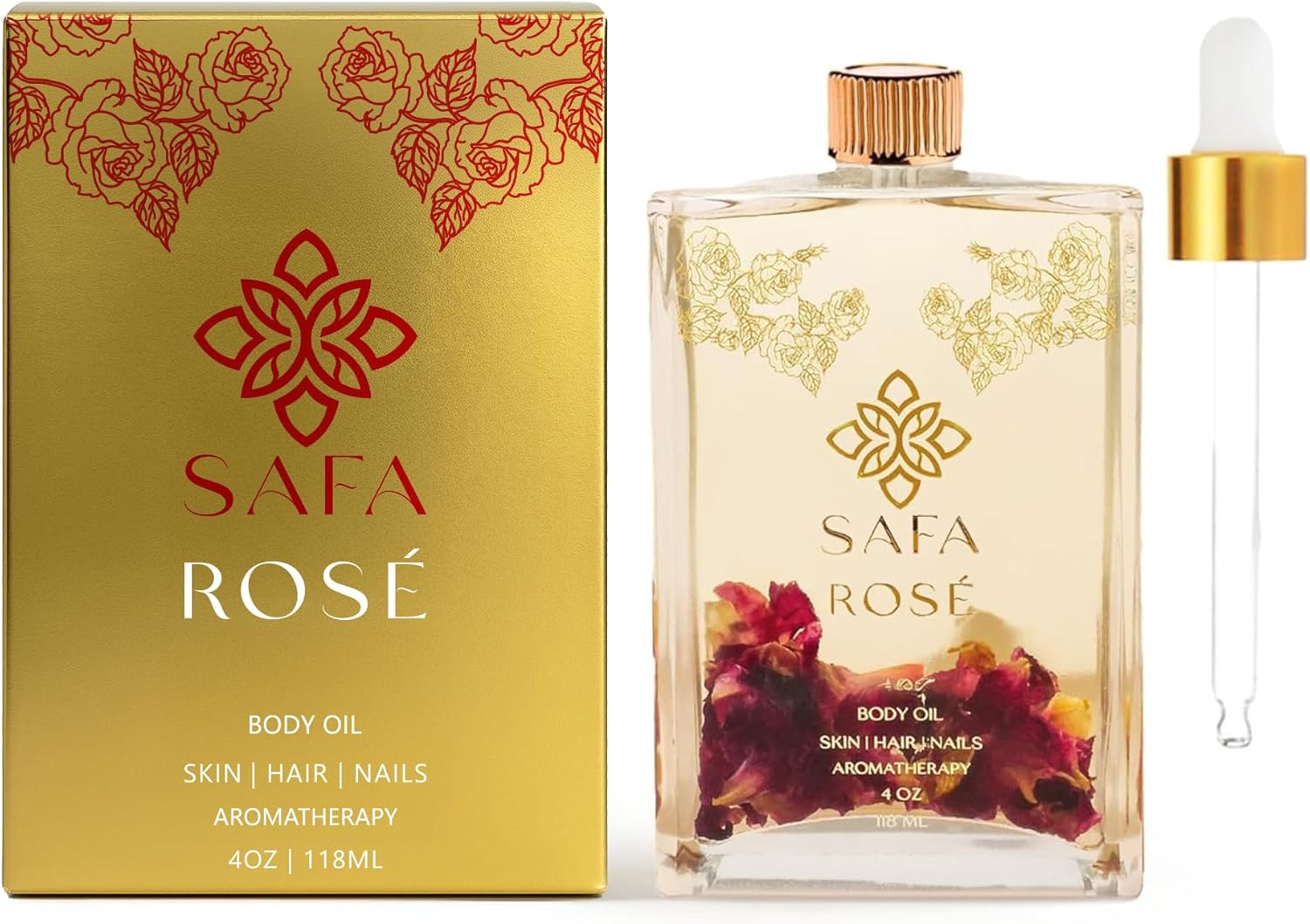 SAFA Rosé Oil – Organic Oil for Face, Body, Hair, Nails & Aromatherapy | Bulgarian Rose Essential Oil & Organic Floating Rose Petals | Moisturizer for Women & Men – 4 Fl Oz