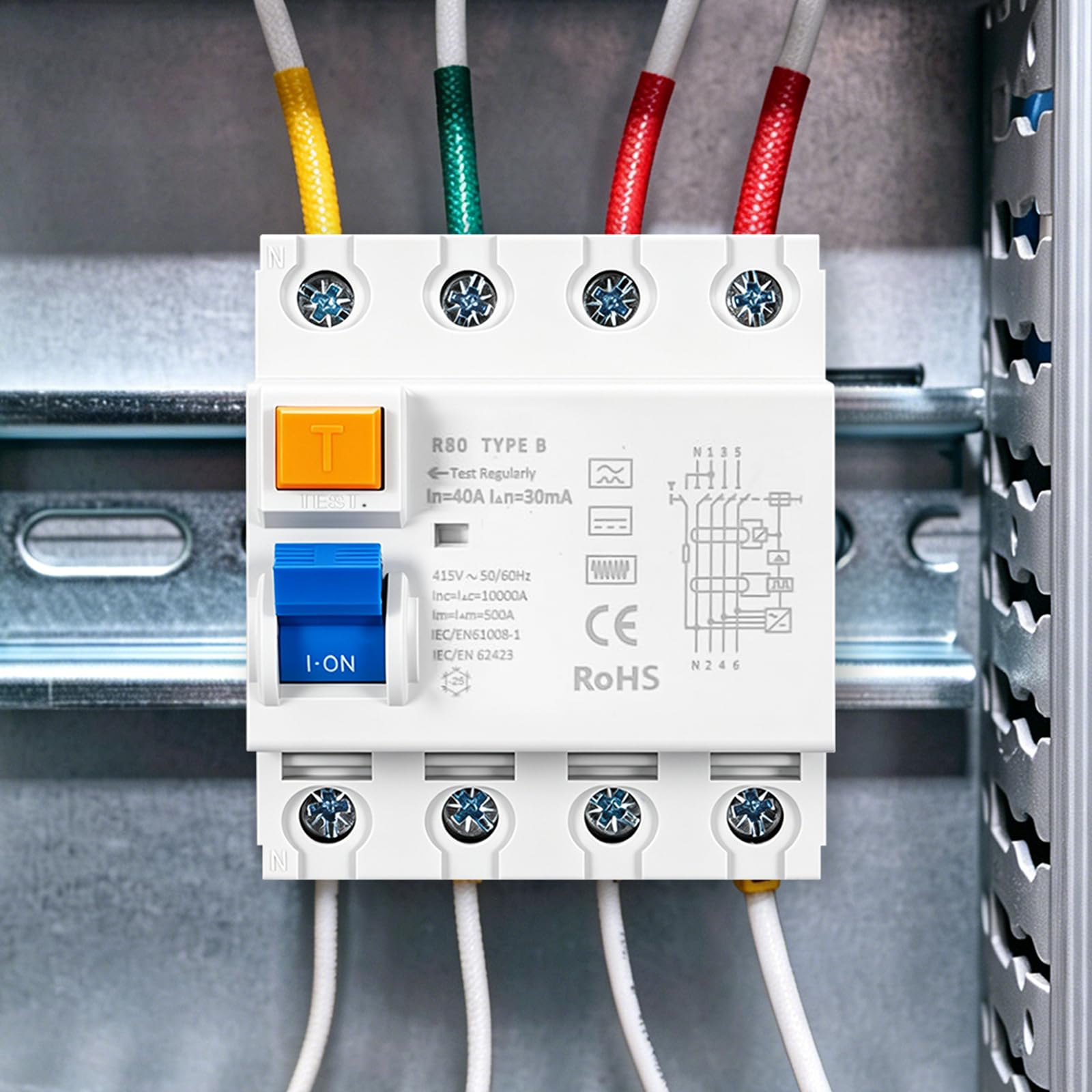 Wyłącznik FI 40A 30mA 4-biegunowy Typ B, wrażliwy na wszystkie prądy RCD Wyłącznik nadprądowy dla fotowoltaiki, Wallbox i falowników, 400V Elektromagnetyczny RCD (R80-4P-40A)