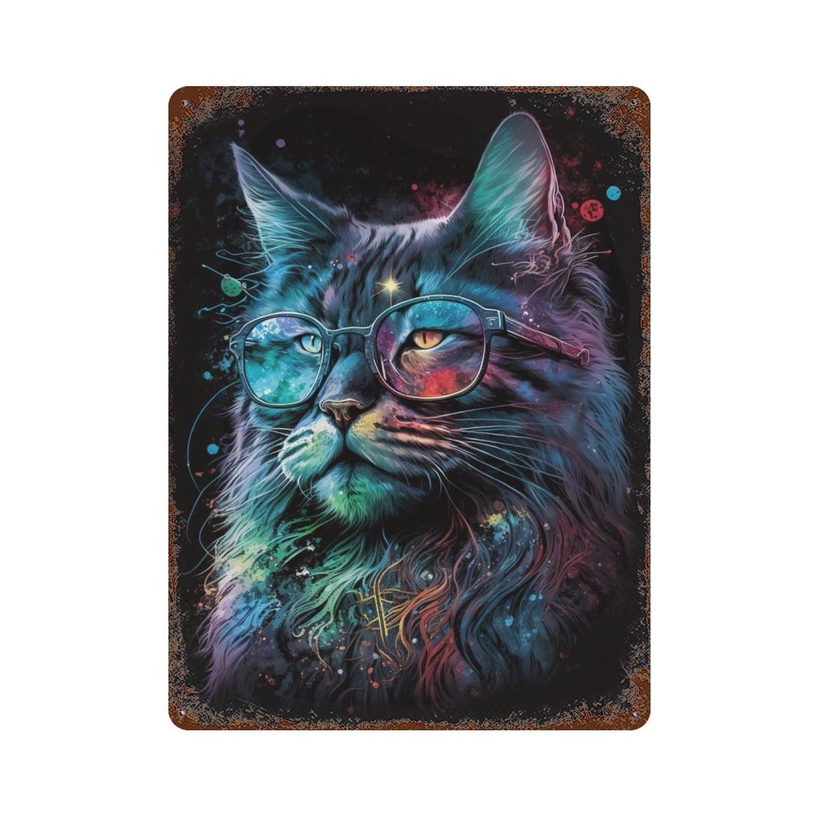 Cosmic Cat Glasses Art Print-8 Vintage Rust Metal Sign 15.7"x11.8", Shabby Chic Decor for Living Room, Hallway And Home Decor