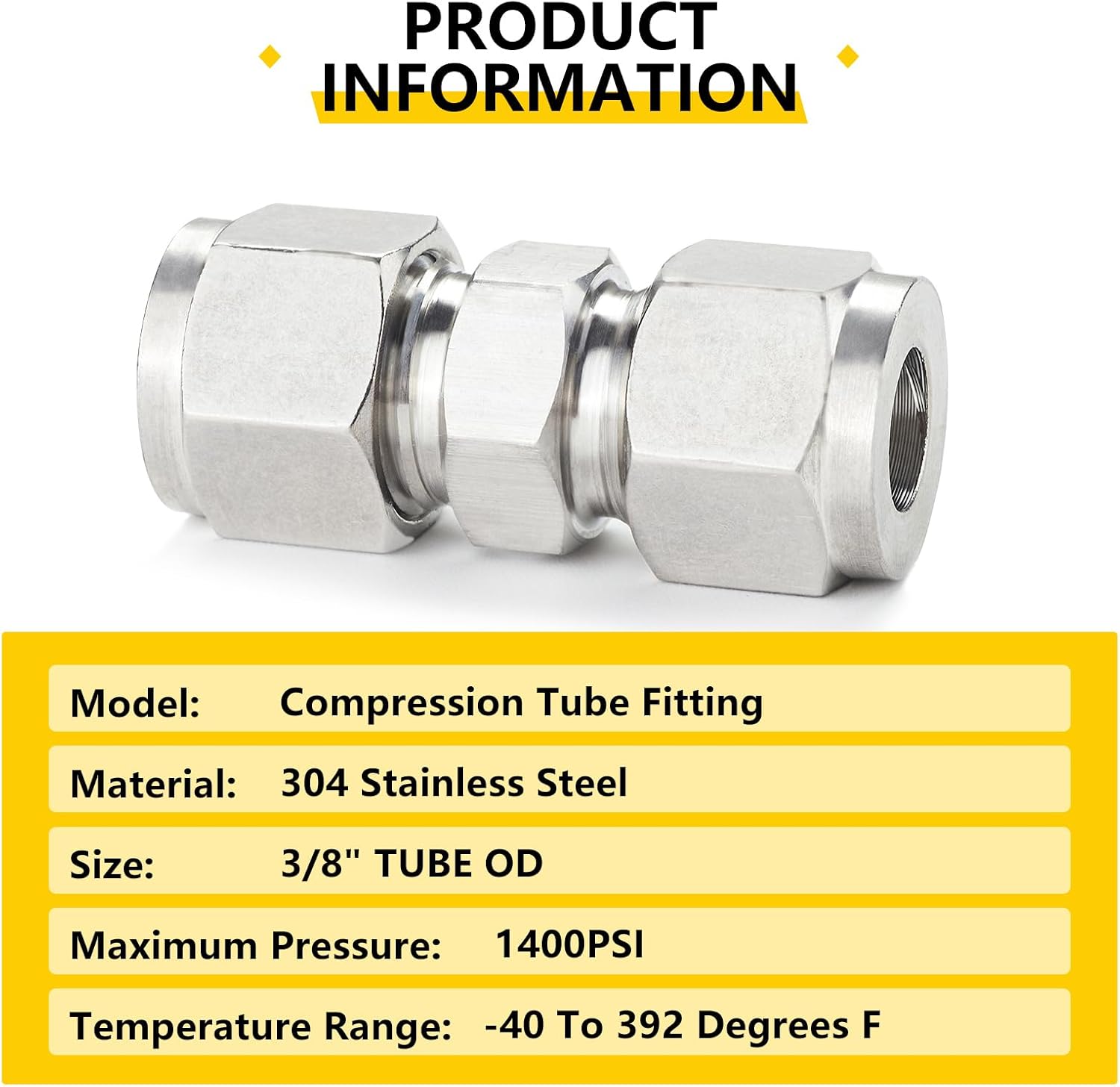 Metalwork 304 Stainless Steel Compression Tube Fitting, Union, 3/8" OD x 3/8" OD (2 Pcs)