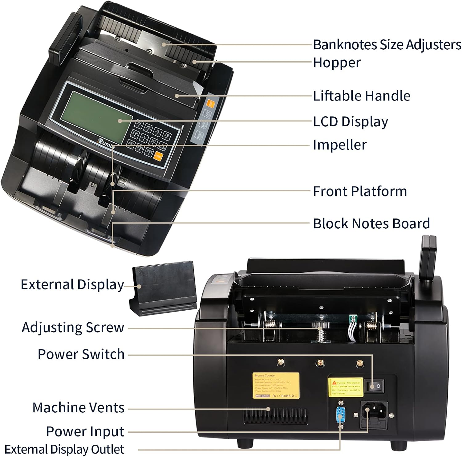 Money Counter Machine, Rumia Bill Counter-USD/EUR with UV/MG/IR/MT/DD Counterfeit Detection, Cash Counting Plus 3 Displays & 7 Modes, 1,000 Bills/Min, Suitable for Store, Office, Bank, etc : Office Products