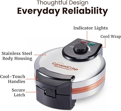 Elite Gourmet Belgian Waffle Maker, Ceramic Nonstick, 1100W Stainless Steel