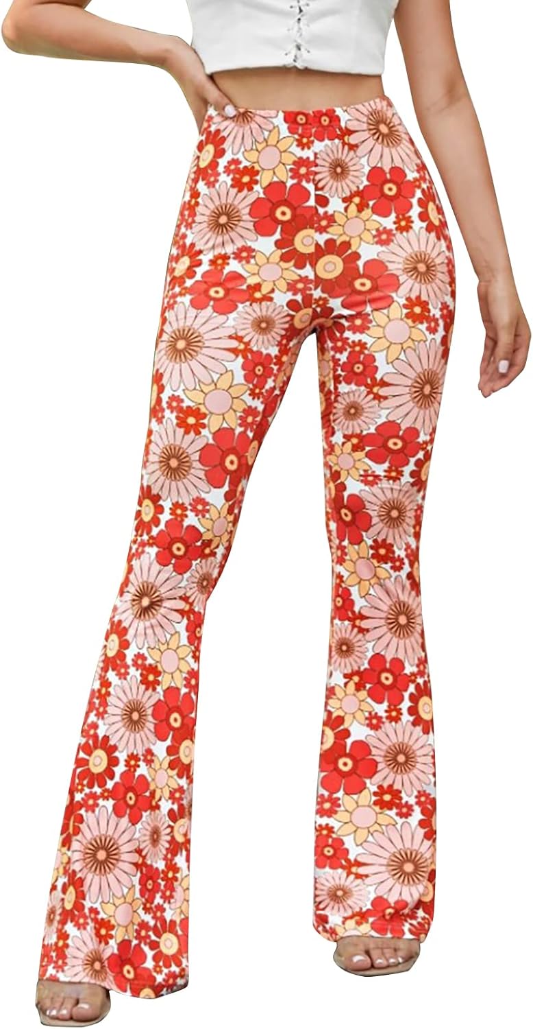 Women High Waisted Fit Flare Ethnic Paisley Floral Bell Bottoms Yoga Pants Flared Leggings