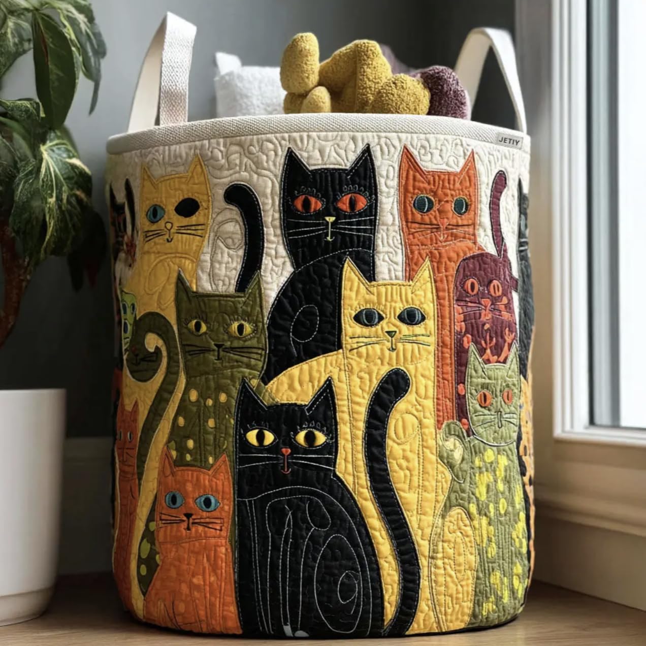 Cat Quilted Laundry Basket with Handles – Soft Fabric Hamper for Clothes, Towels & Home Storage (A,Large (20" x 28")) - 4