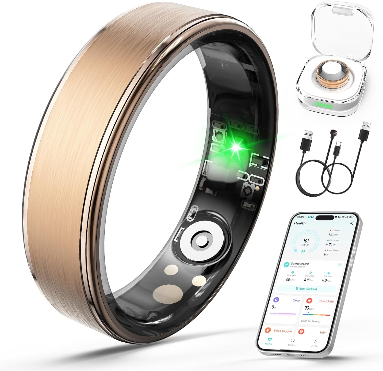 Smart Ring for Women Men, Health Fitness Tracker Ring with Heart Rate/Sleep Tracker/Blood Oxygen/HRV/Stress/Calorie/Steps, IP68 Waterproof for iOS & Android, No APP Fees(Rose Gold,7#)