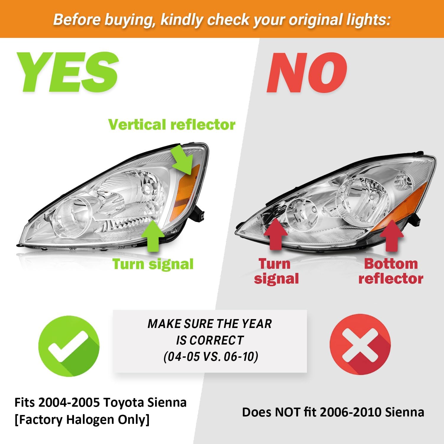 Headlights Assembly with Bulbs for 2004 2005 Toyota Sienna CE, LE, XLE, XLE Limited (Halogen Model Only) Headlamp Replacement Driver & Passenger Side