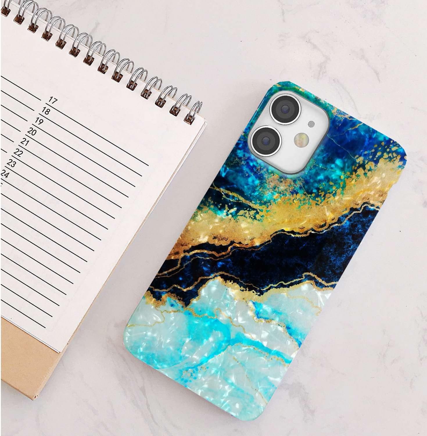 Glitter Pearly Shell Luster Sparkle Bling Soft TPU Flexible Slim Thin Girl Women Phone Case Cover for iPhone 12 / iPhone 12 Pro 6.1, Blue Gold Marble - Image 4