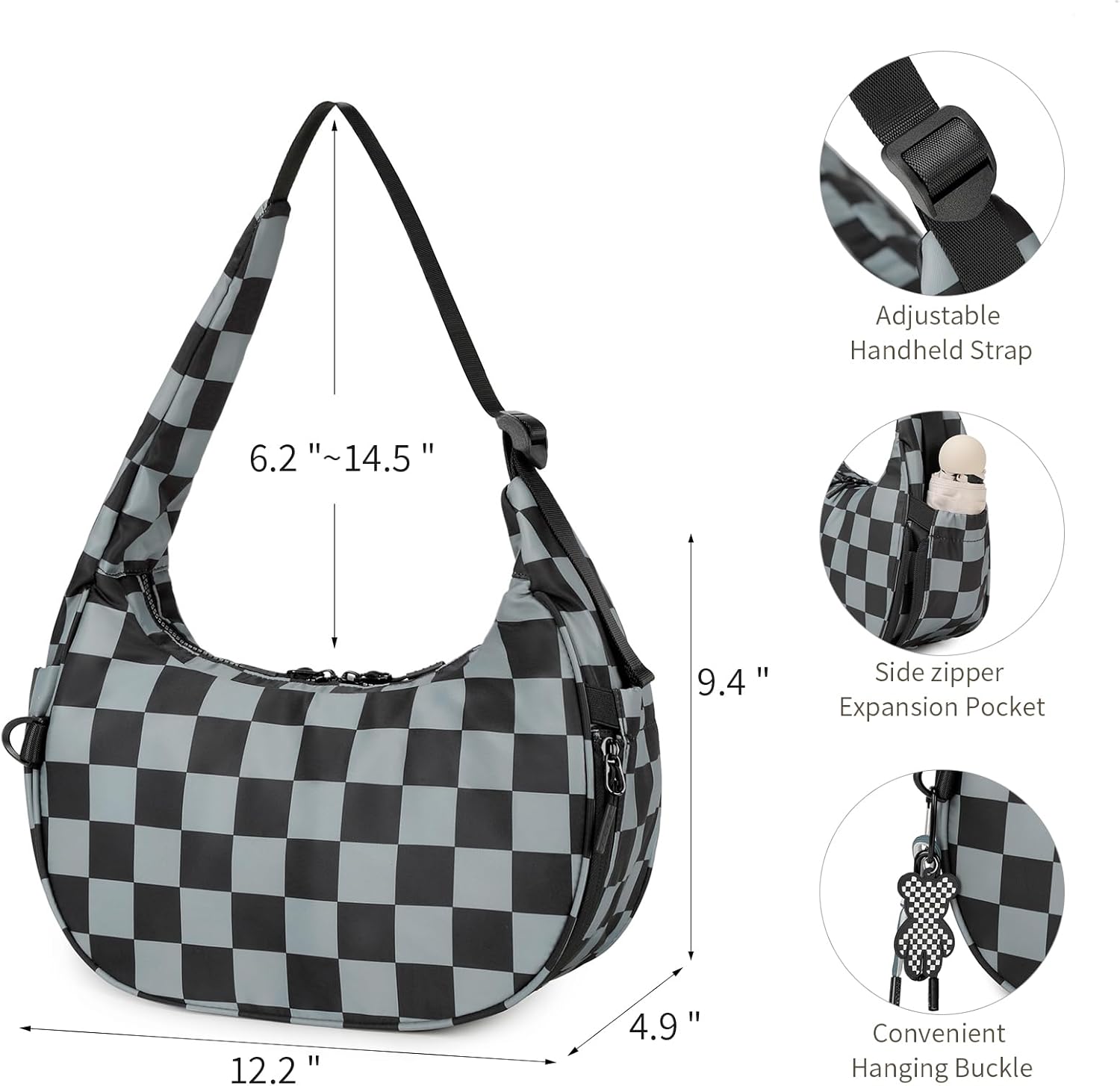 FODOKO Crescent Shoulder Bag for Women Checkered Purse Small Cute Clutch Hobo Handbags Nylon Quilted - Image 3