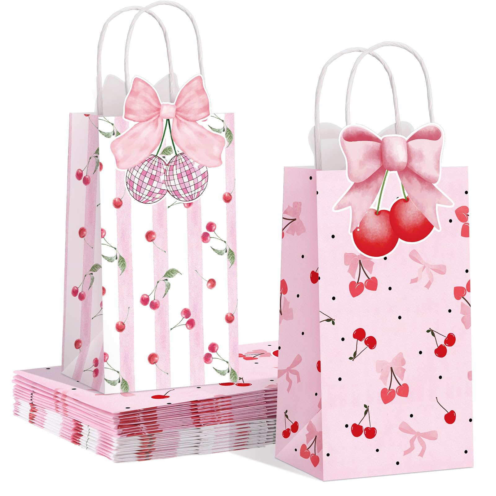 Trnayi 16 Pcs Pink Cherry Bow Party Favors Bag Cherry Theme Supplies Summer Fruit Birthday Party Supplies Bag for Baby Shower Wedding Bridal Shower