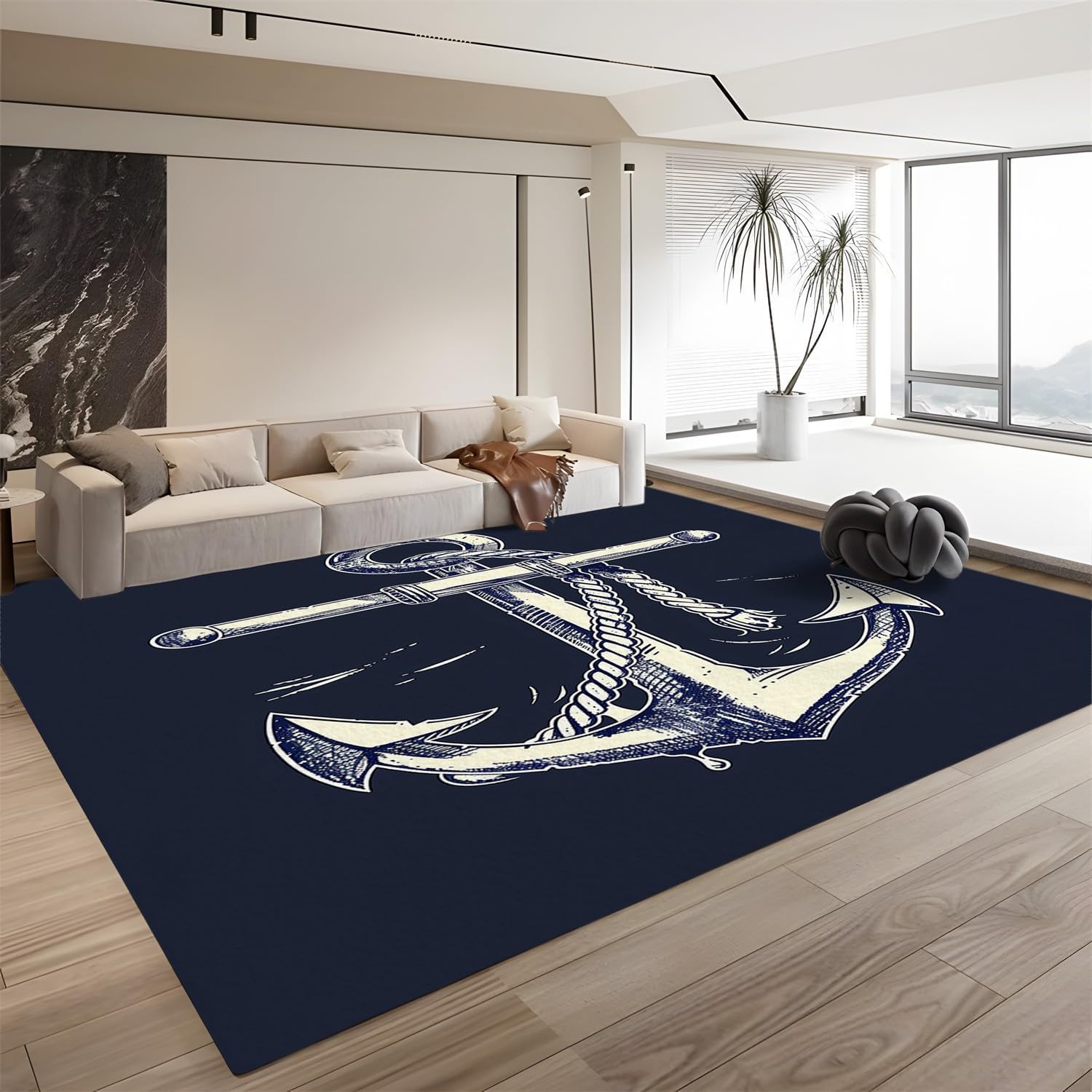 3ft x 5ft Area Rugs for Living Room Bedroom, Machine Washable Rug with Low Pile Non-Slip Backing, Soft Stain Resistant Area Rug Nautical Anchor Indoor Floor Carpet for Dining Room Nursery Office