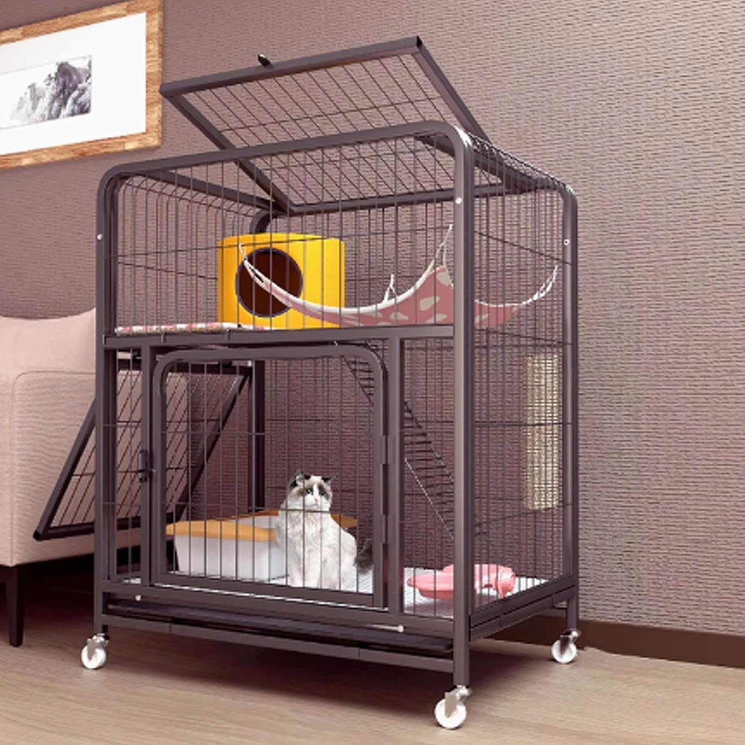 Cat Cages Indoor, Cat Playpen with Top Cover, Catio Indoor Cat Enclosure on Wheels, Cat Crate with Pull-Out Tray for Ferret, Chinchilla, Rabbit, Small Animals(Black,78x54x138cm)