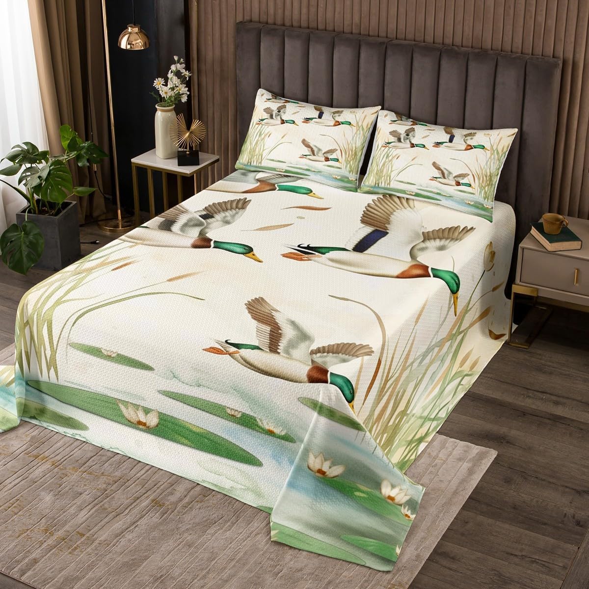 Erosebridal Mallard Duck Kids Twin Bedspread Set Botanical Lake View Quilt Set,Country Rusitc Decor Coverlet Set Wildlife Animlas Bedding for Boys Girls Teens Bedroom Decor