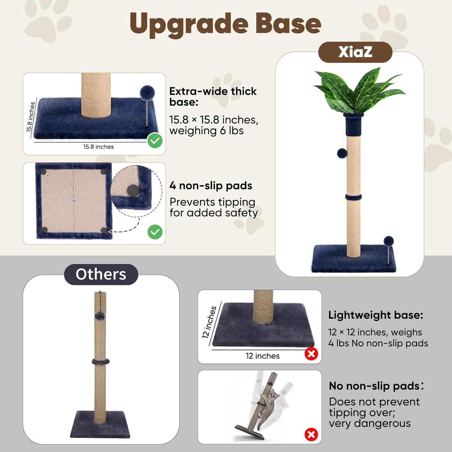 XiaZ Cat Scratching Post 34'' Tall, Cat Scratchers Tree Tower for Indoor Kitty with Extra Wide 15.8" Stable Base and 2 Toy Balls, Natural Sisal & Plush Fabric for Small, Medium Cats(Navy Blue, 2.8in)